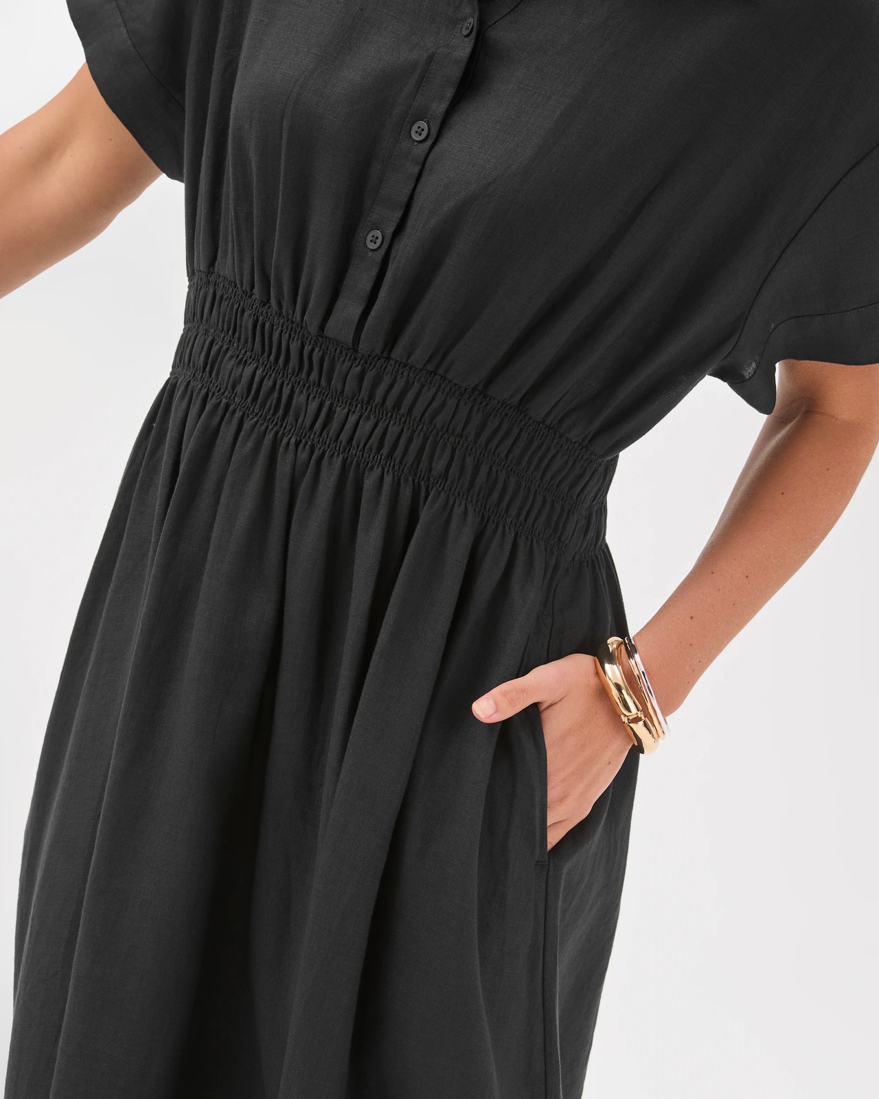 European Linen Shirred Waist Midi Dress - Black 4 of 6