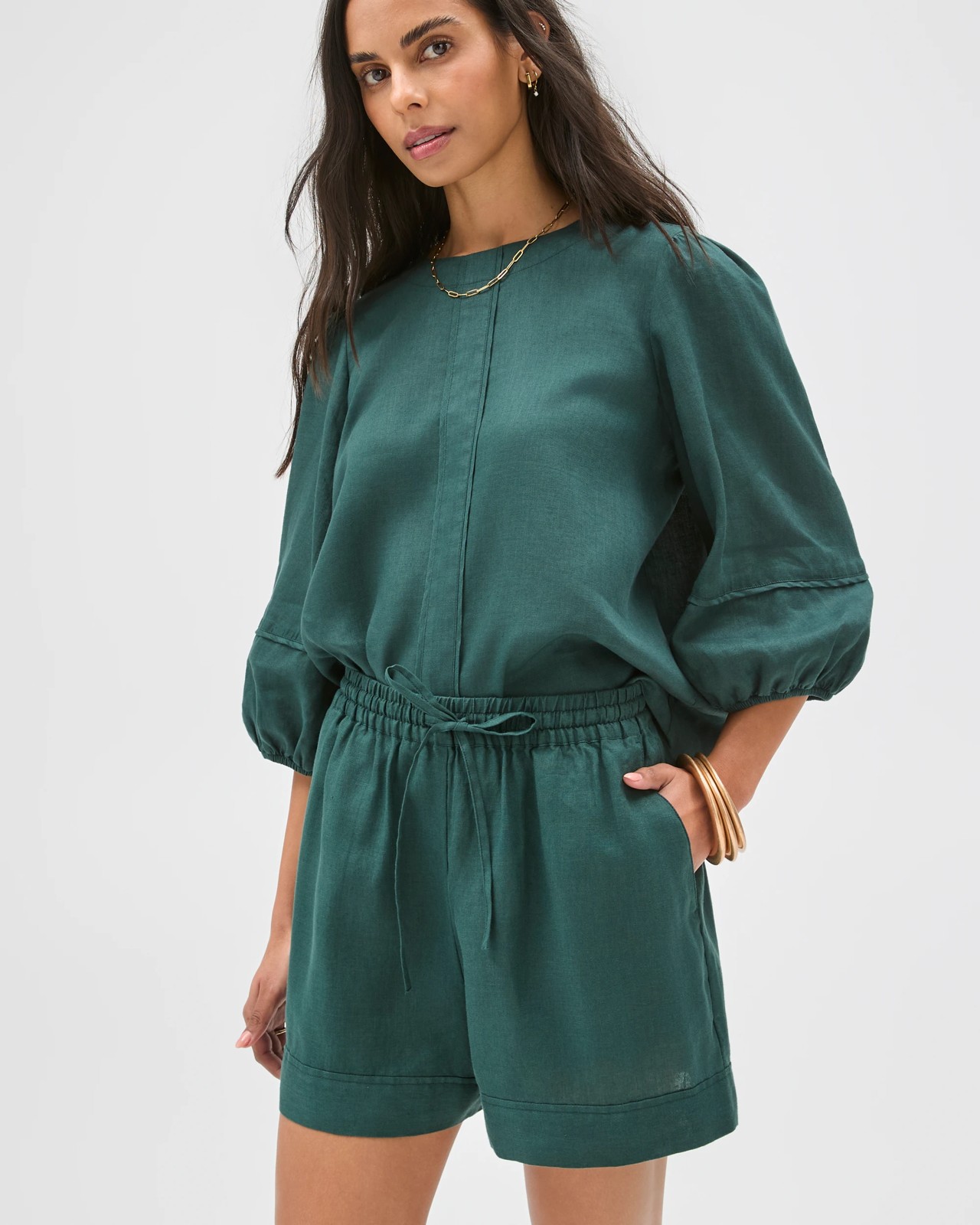 European Linen Pull On Shorts - Deep Forest 3 of 6