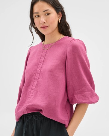 European Linen 3/4 Puff Sleeve Femme Popover Top