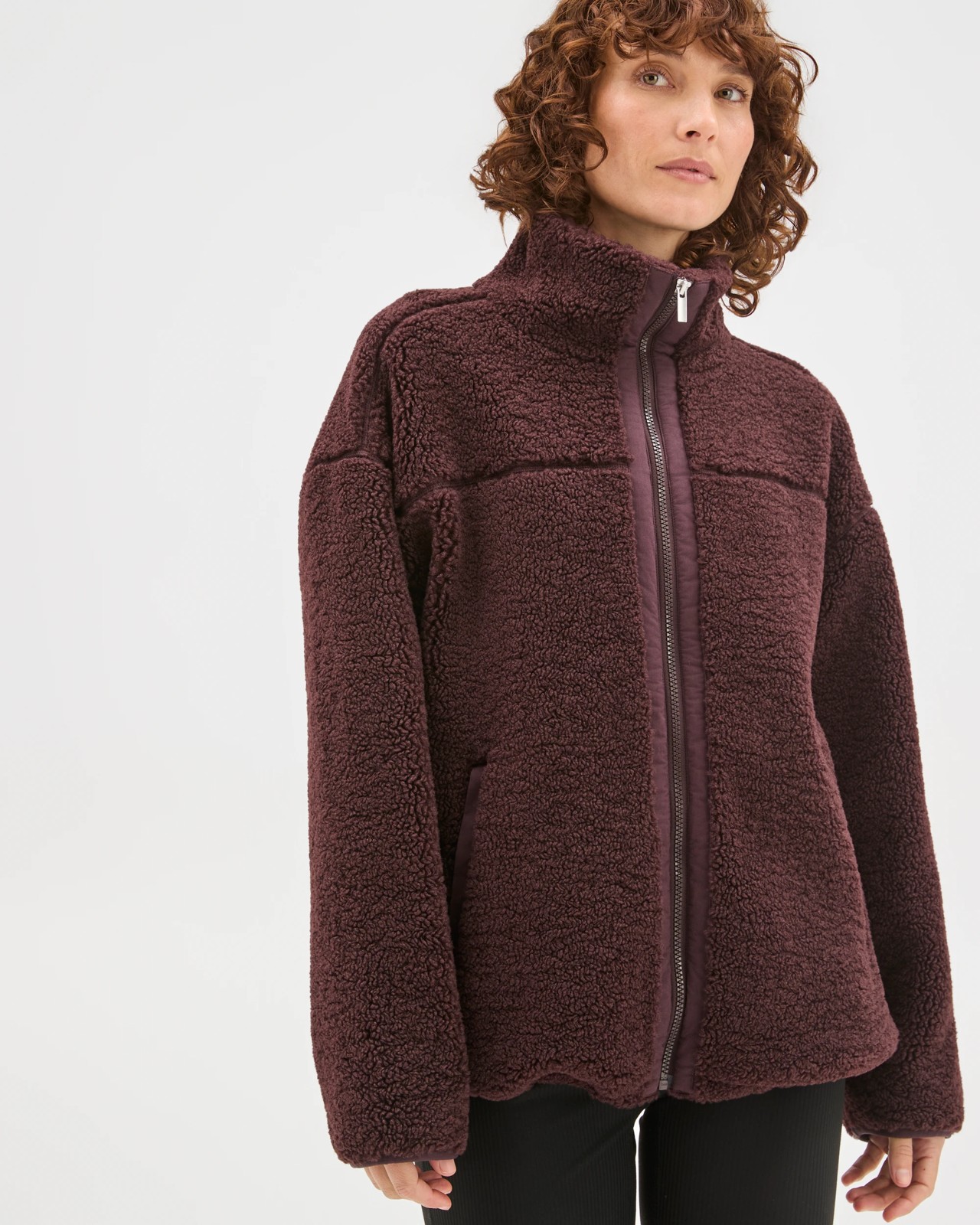 Relaxed Sherpa Zip Through Jacket - Raisin 2 of 6