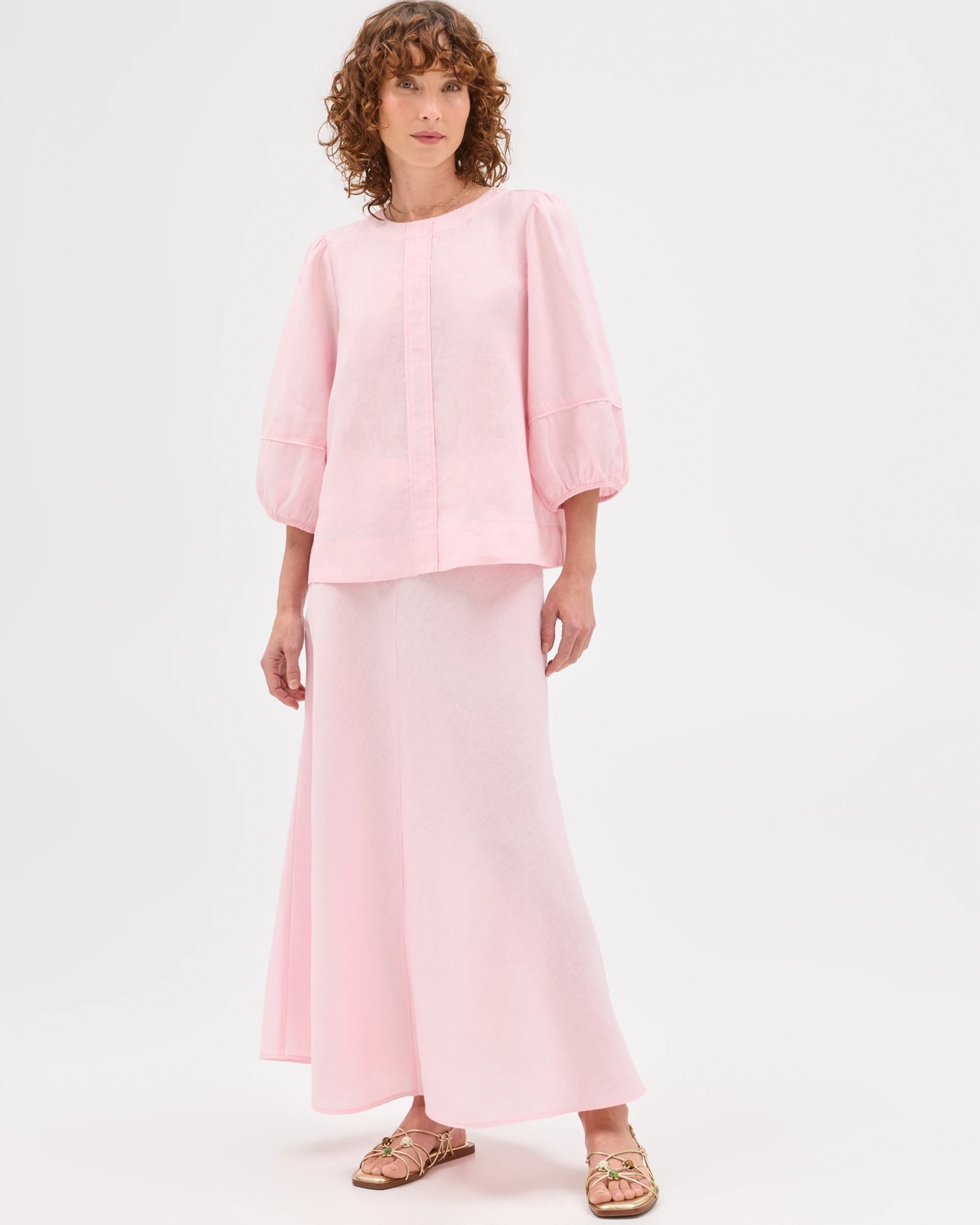 European Linen Seam Detail Midi Skirt - Pink + Rose 2 of 5
