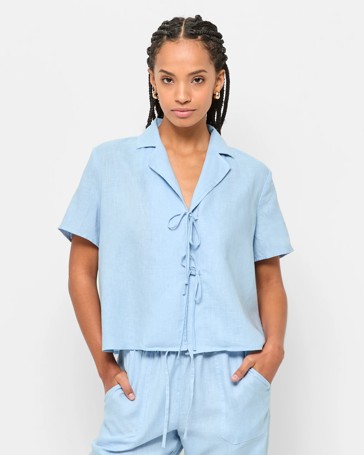 Petites European Linen Tie Blouse