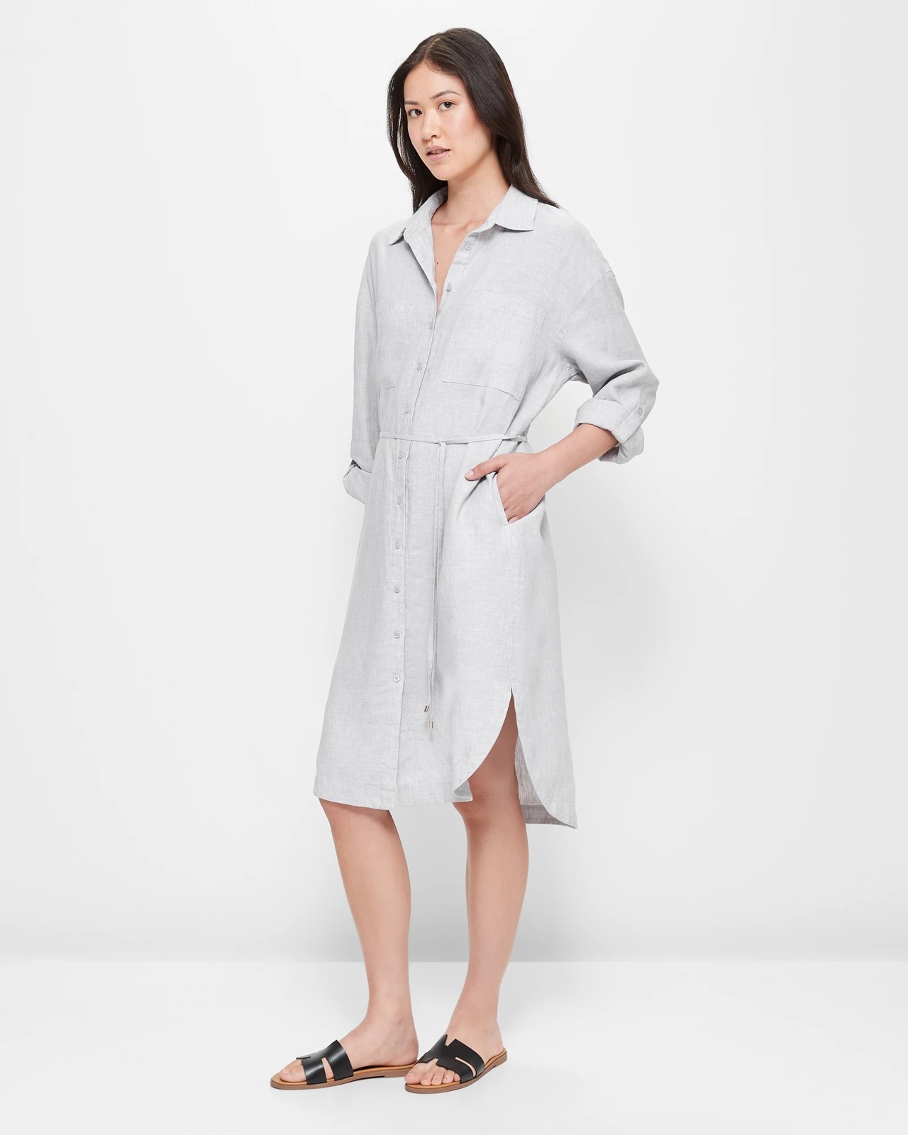 European Linen Midi Shirt Dress - Dusty Grey