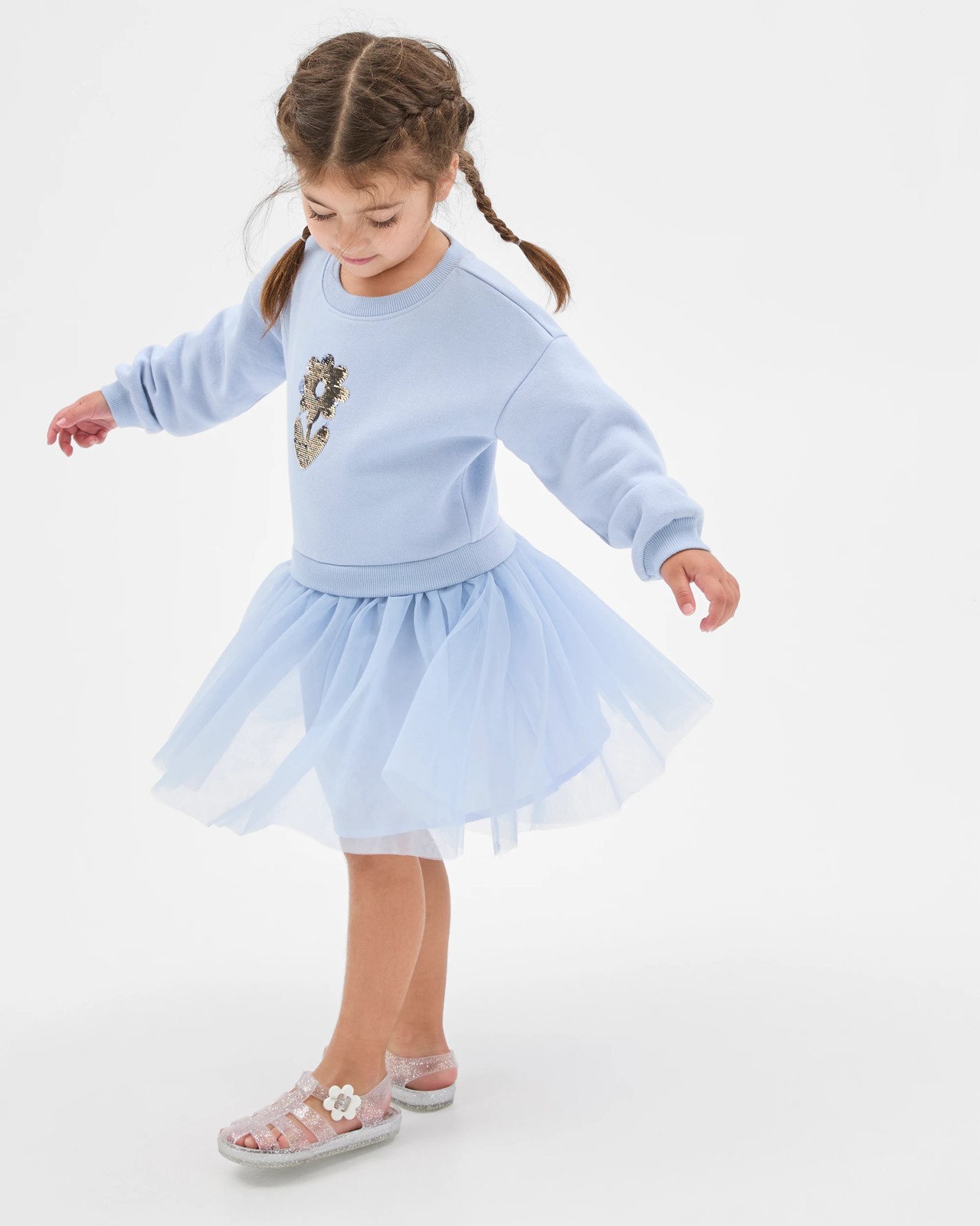 Australian Cotton Blend Fleece Tulle Jumper Dress - Blue Flower 2 of 6