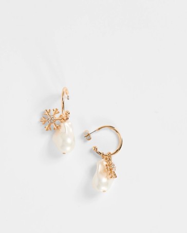Christmas Snowflake Pearl Hoop Earrings