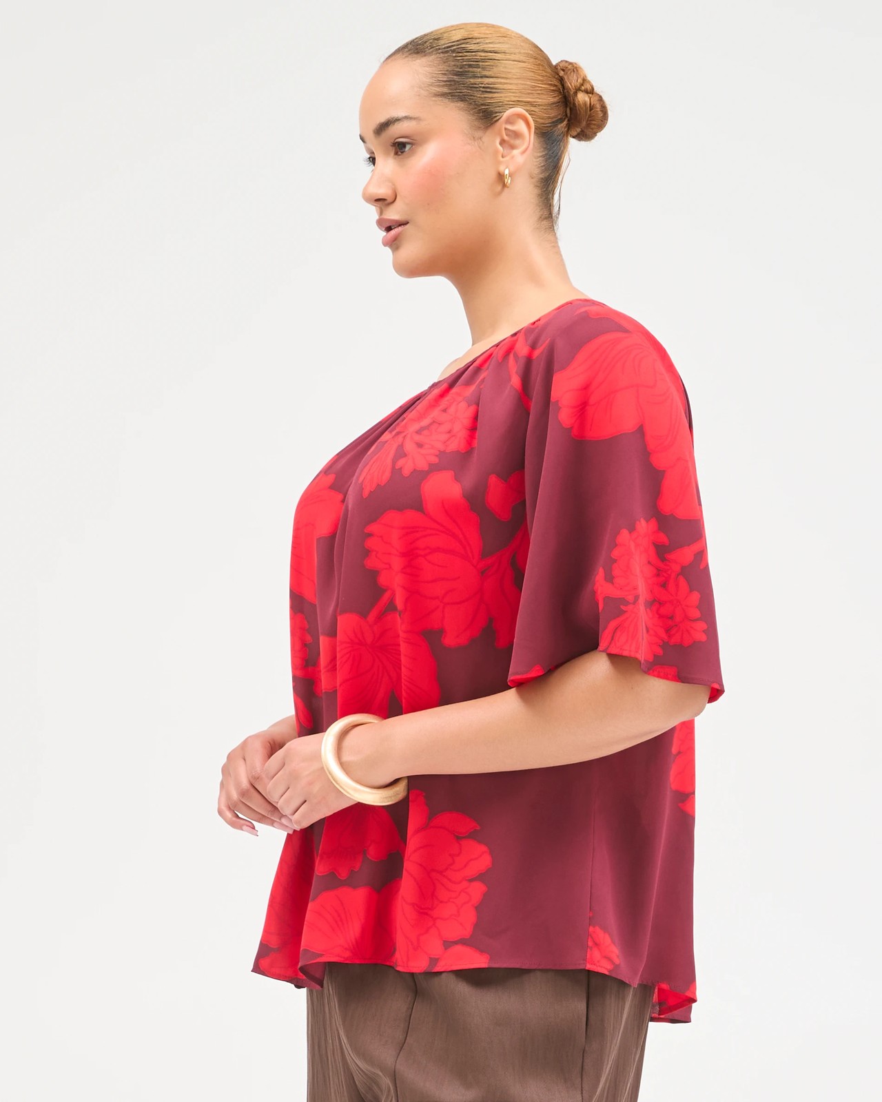 Plus Size Short Flutter Sleeve Ella Blouse - Chocolate Rose Flower 5 of 6