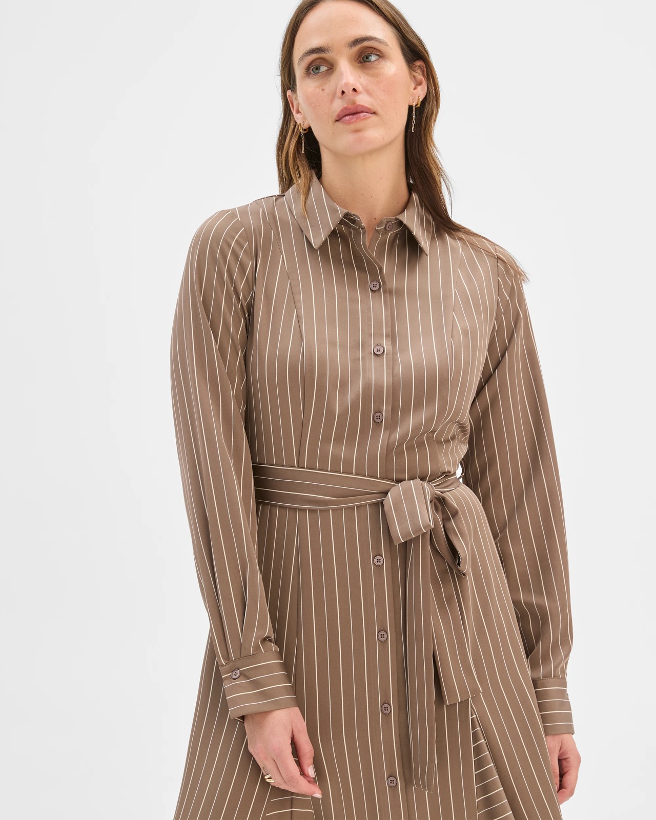 Preview Long Sleeve Godet Detail Midi Shirt Dress - Smoked Taupe 4 of 5