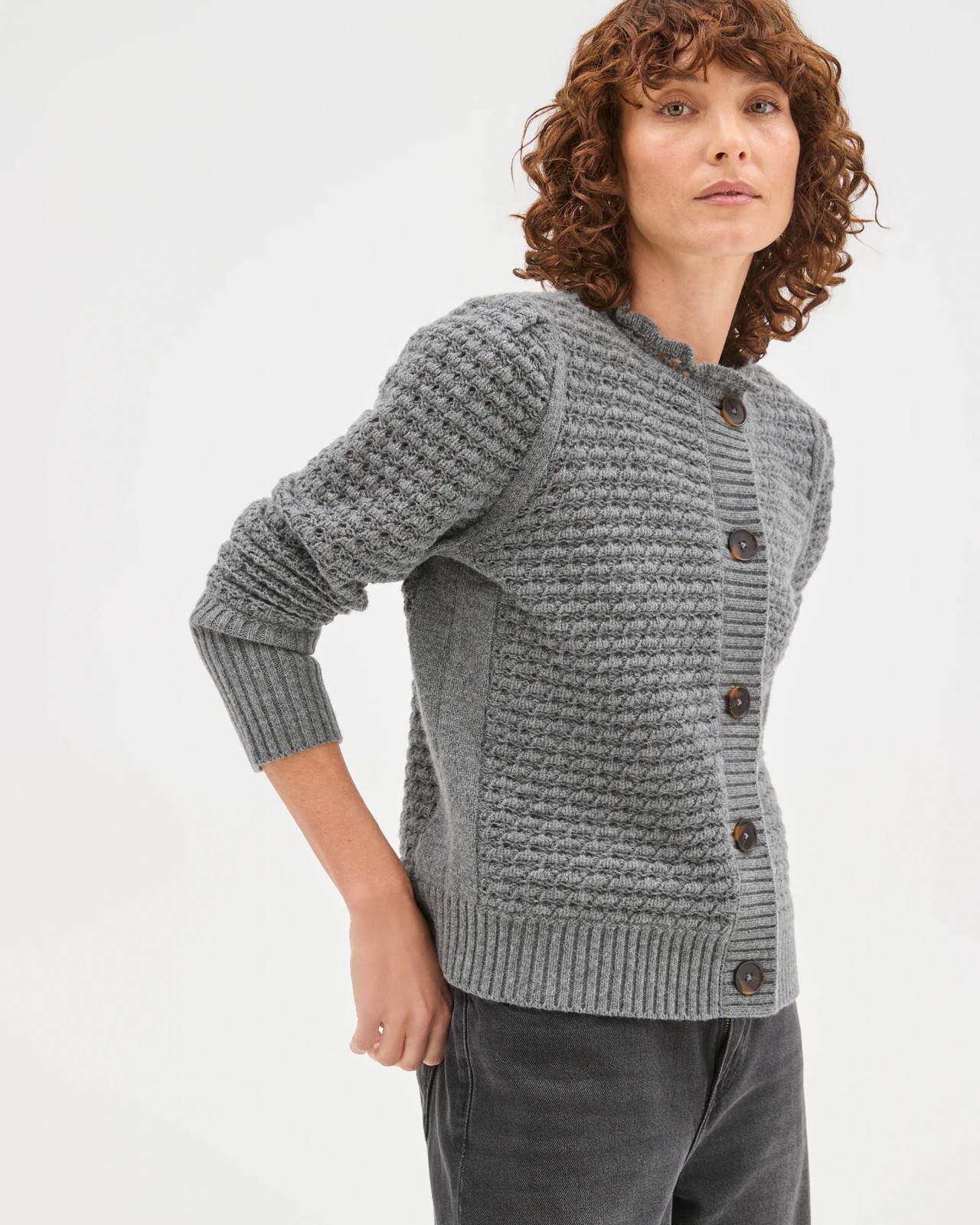 Basket Stitch Ruffle Neck Cardigan 3 of 5