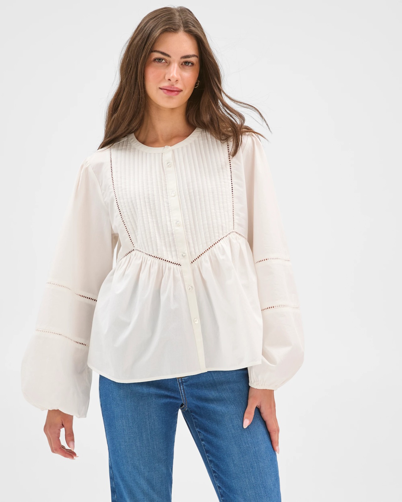Petites Long Sleeve Trim Detail Pintuck Blouse 2 of 6