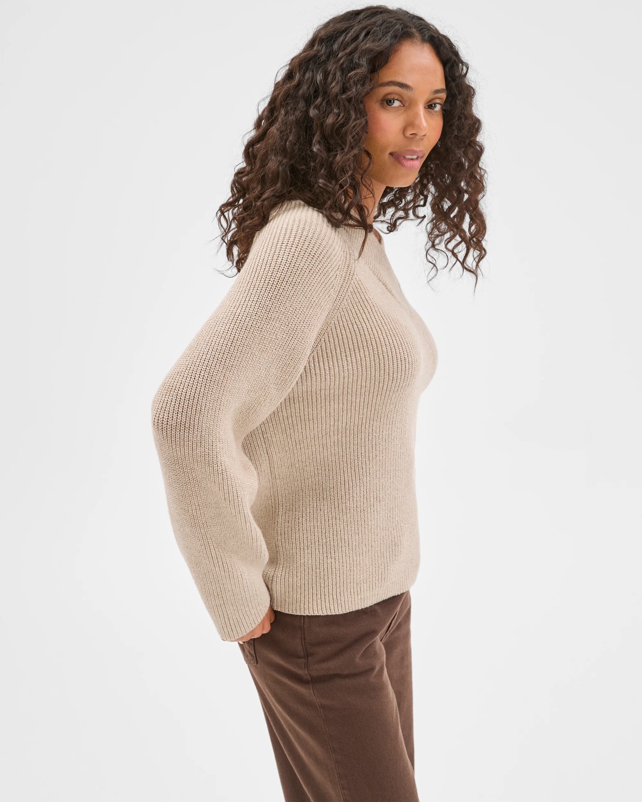 High Wrap Neck Relaxed Jumper - Mid Fawn Marle 4 of 6