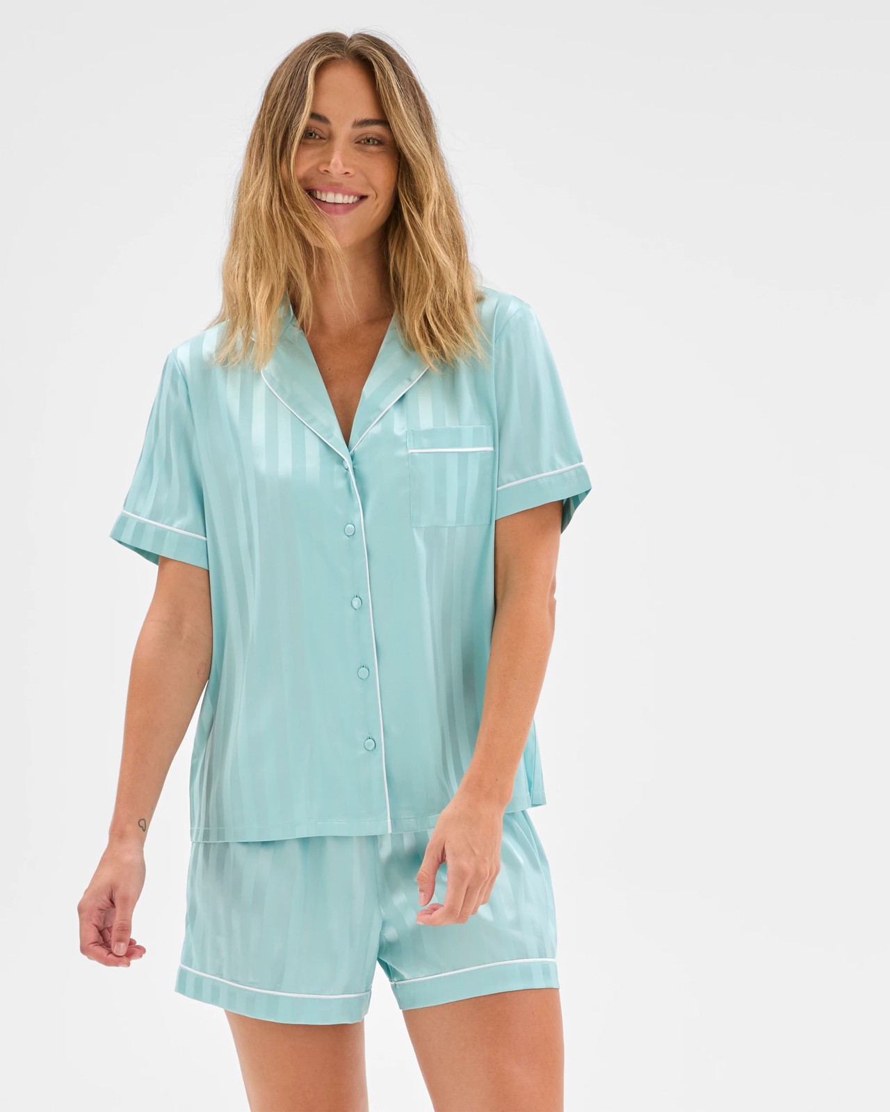 Stripe Satin Short Pyjama Set - Aqua 3 of 5