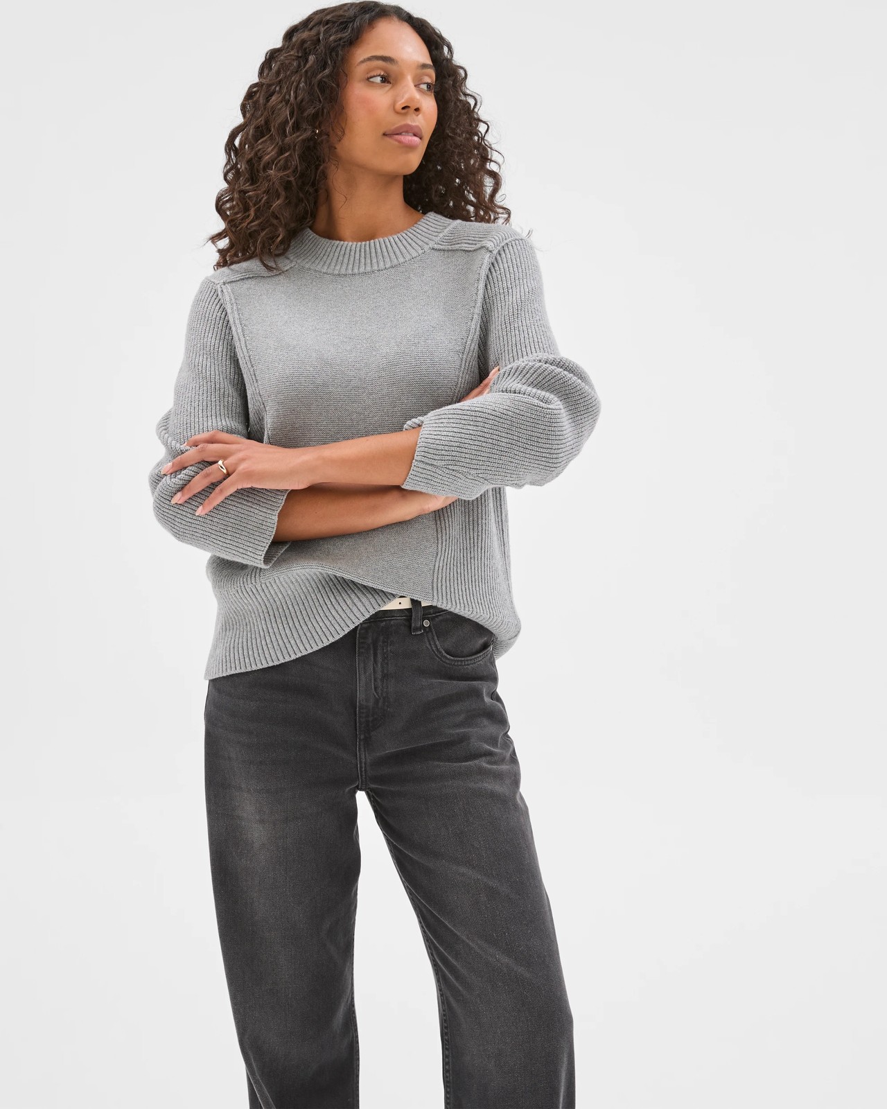 Australian Cotton Blend Knit Stitch Crew Neck Jumper - Mid Grey Marle 3 of 5