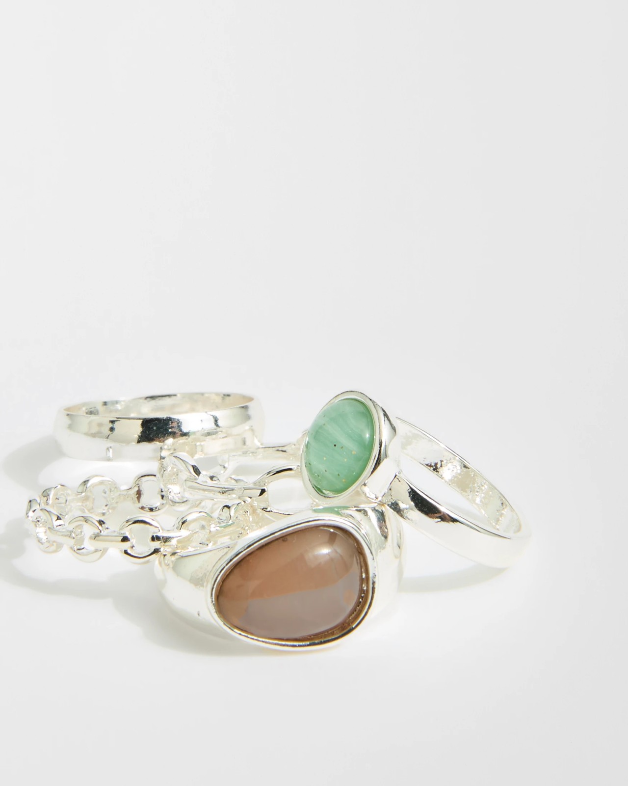 5 Pack Gem Statement Ring Set - Silver Look  2 of 2