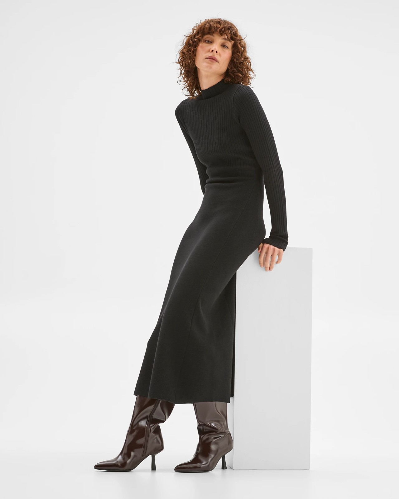 Preview Long Sleeve Rib Detail Knit Dress - Black 4 of 6