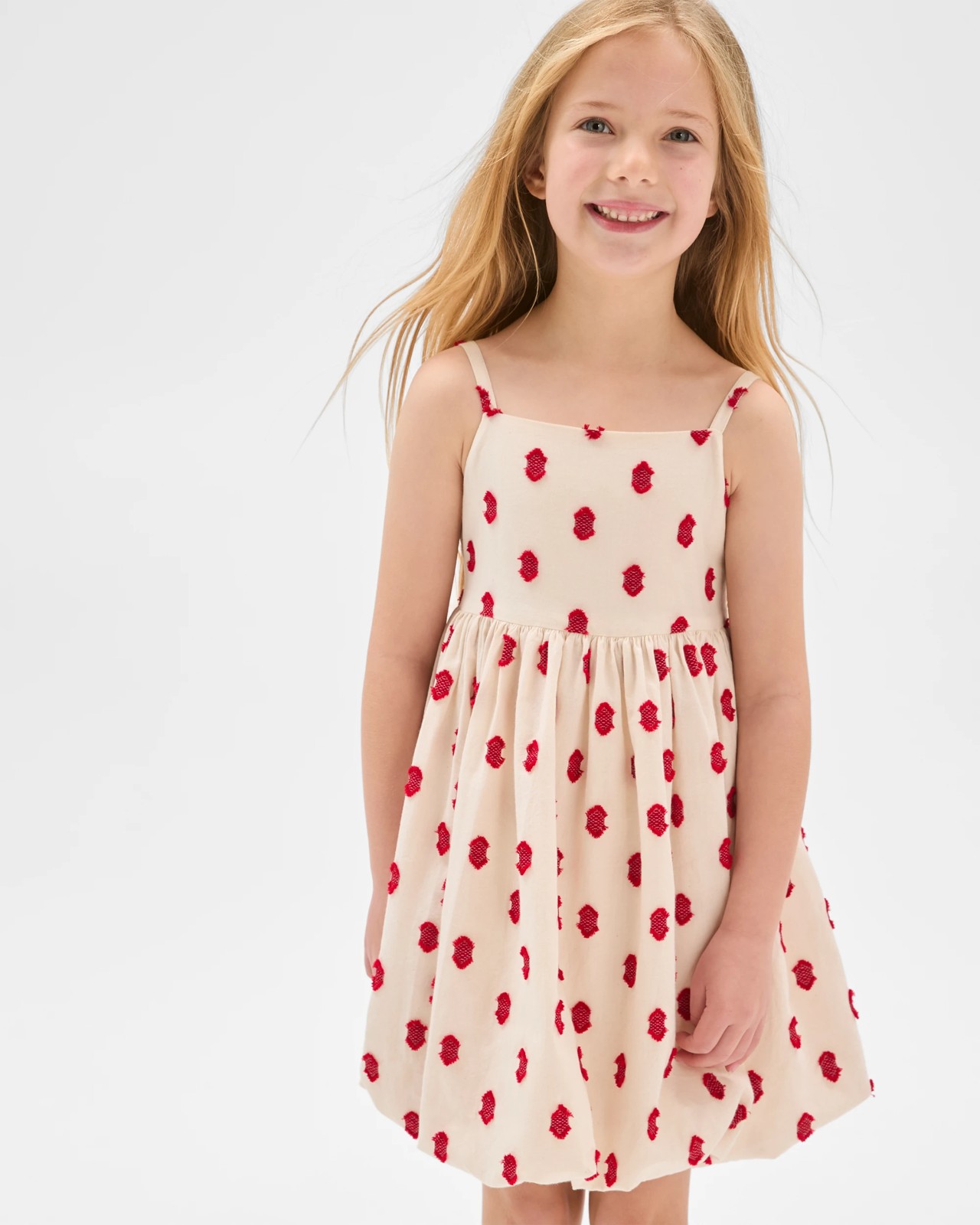 Cotton Woven Sleeveless Balloon Dress - White Red Spot 3 of 5
