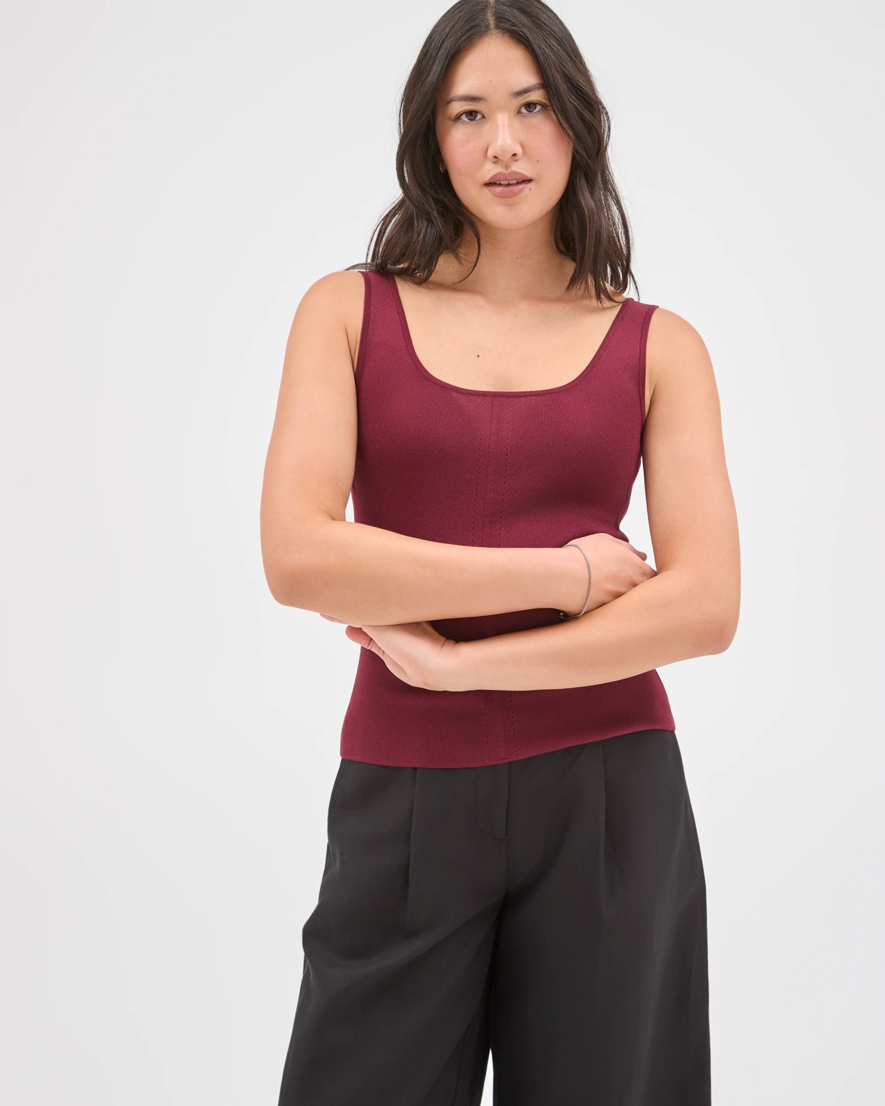 Preview Slim Fit Crepe Knit Detail Tank Top - Chocolate Rose 4 of 5