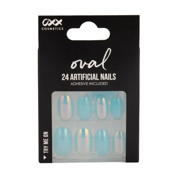 24 Pack Artificial Nails with Adhesive, Oval Shape, Blue - OXX Cosmetics