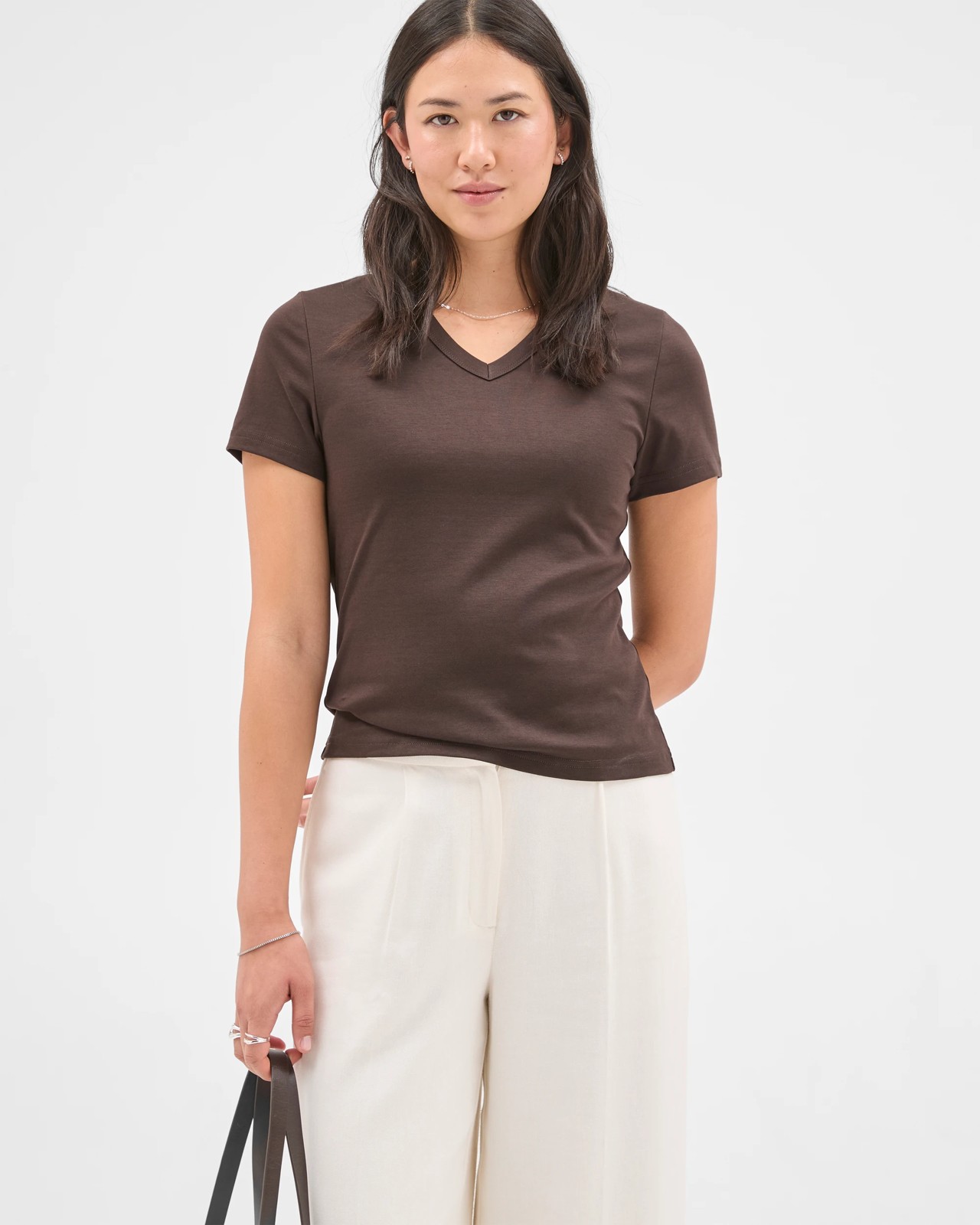 Preview Australian Cotton V-Neck Interlock T-Shirt - Coffee Bean 2 of 5