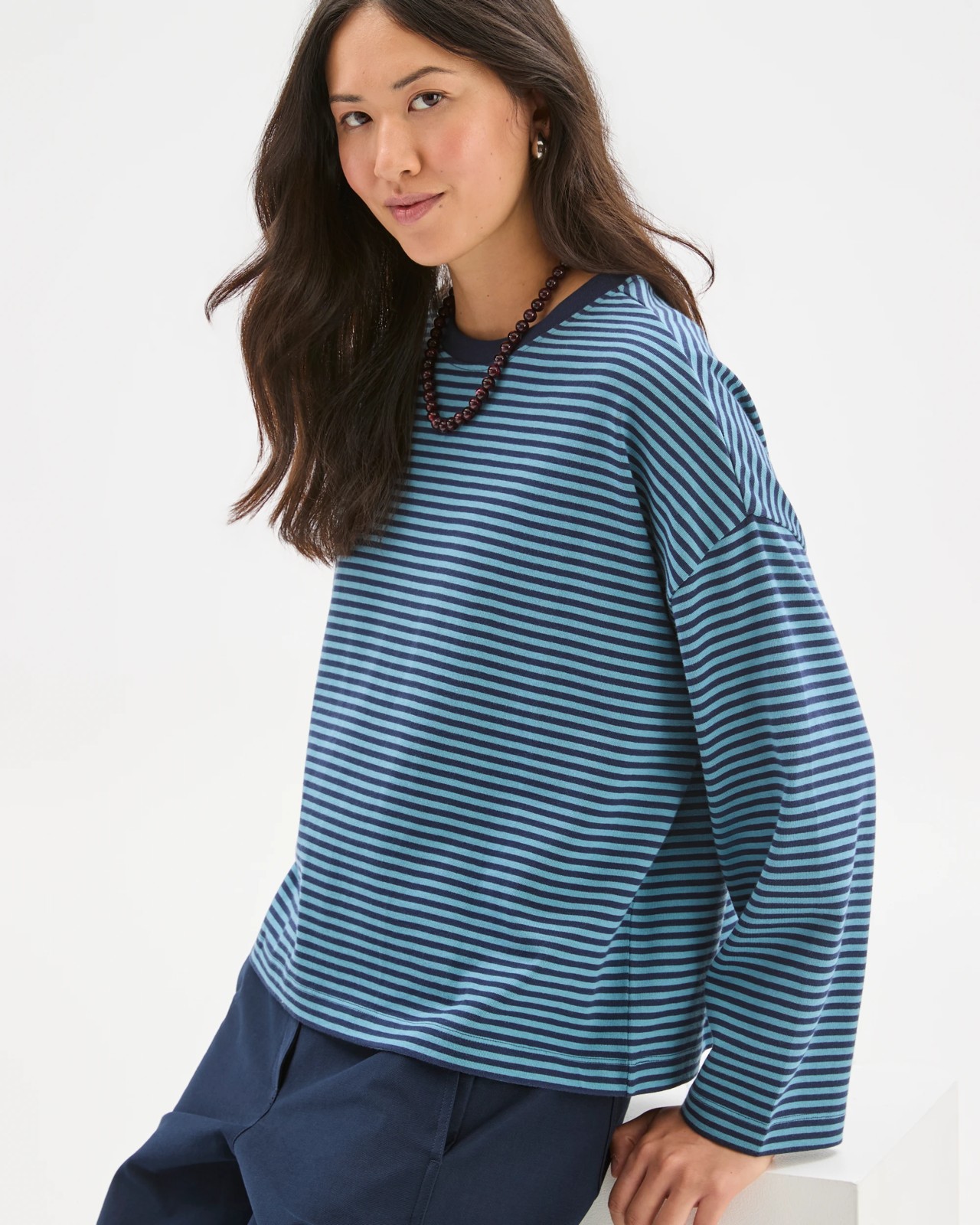 Australian Cotton Long Sleeve Heavyweight Oversized T-Shirt - Ink Navy/Dusty Blue Stripe 4 of 6