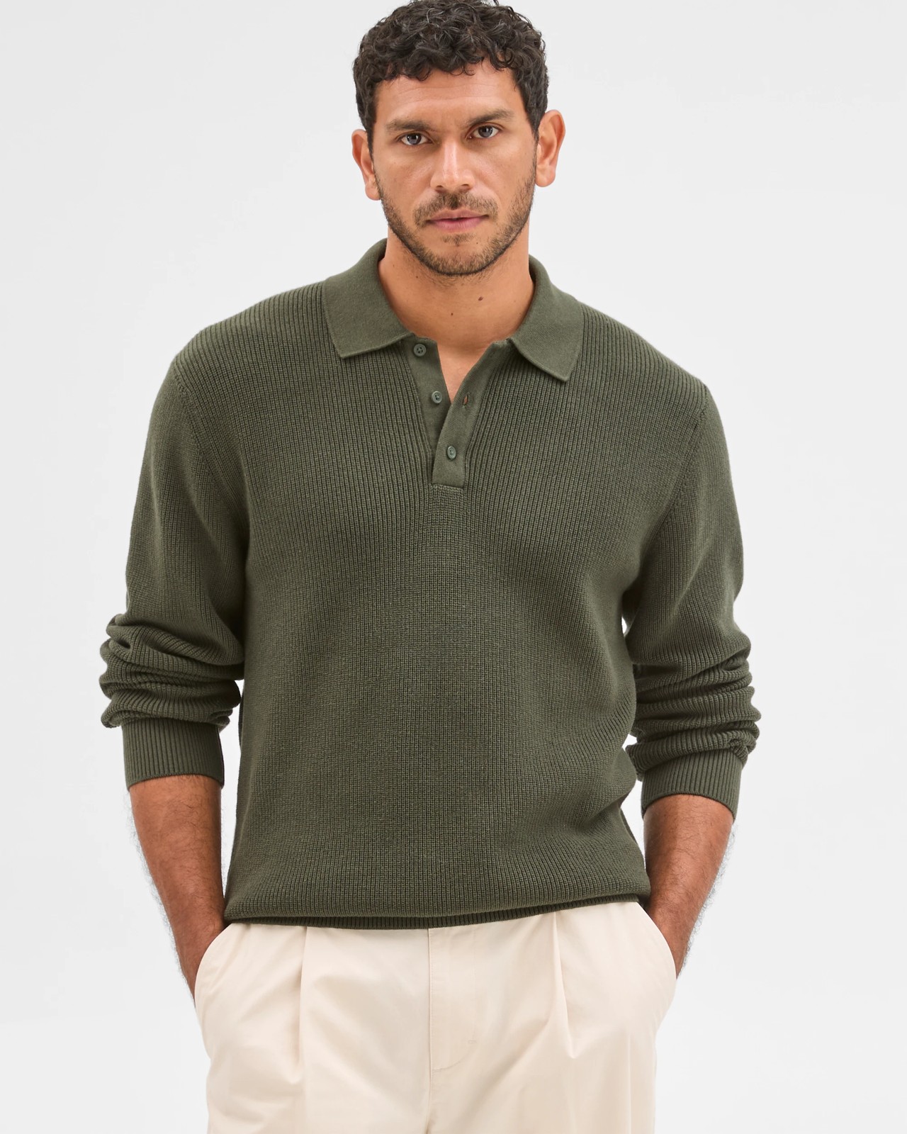 Australian Cotton Lightweight Long Sleeve Polo Neck Knit Sweater - Khaki 2 of 6