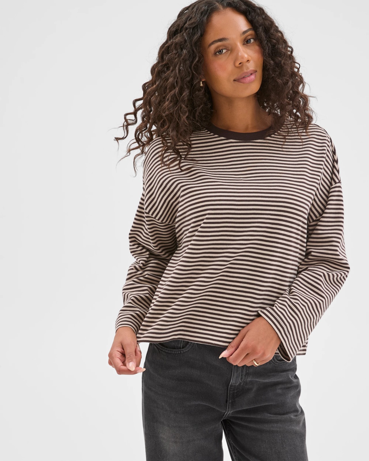 Australian Cotton Long Sleeve Heavyweight Oversized T-Shirt - Brunette/Birch Stripe 2 of 5