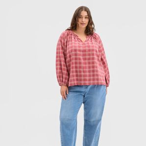 Plus Size Long Sleeve Check Detail Blouse