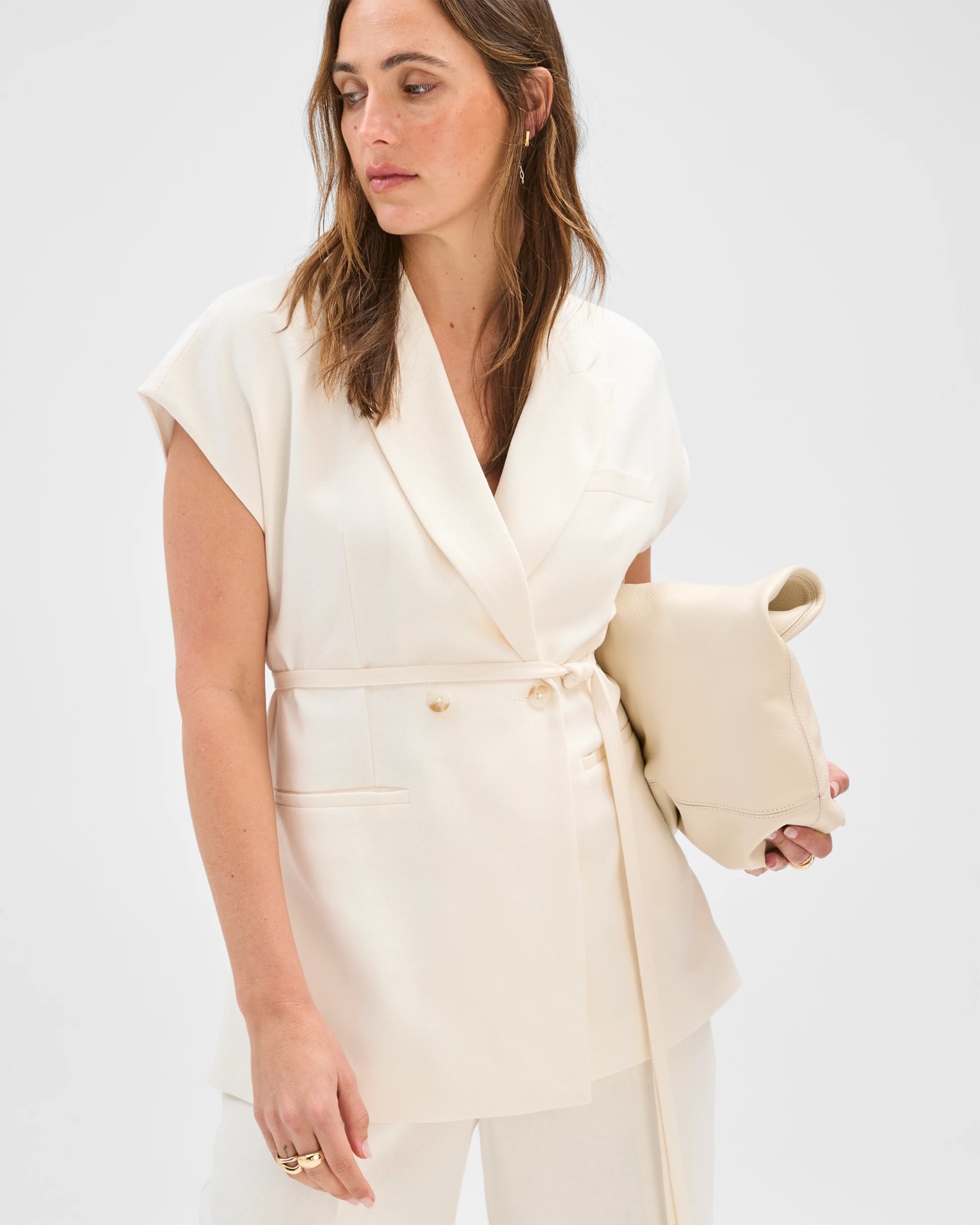 Preview Linen Blend Tailored Tie Waist Vest - Cloud Dancer 3 of 5