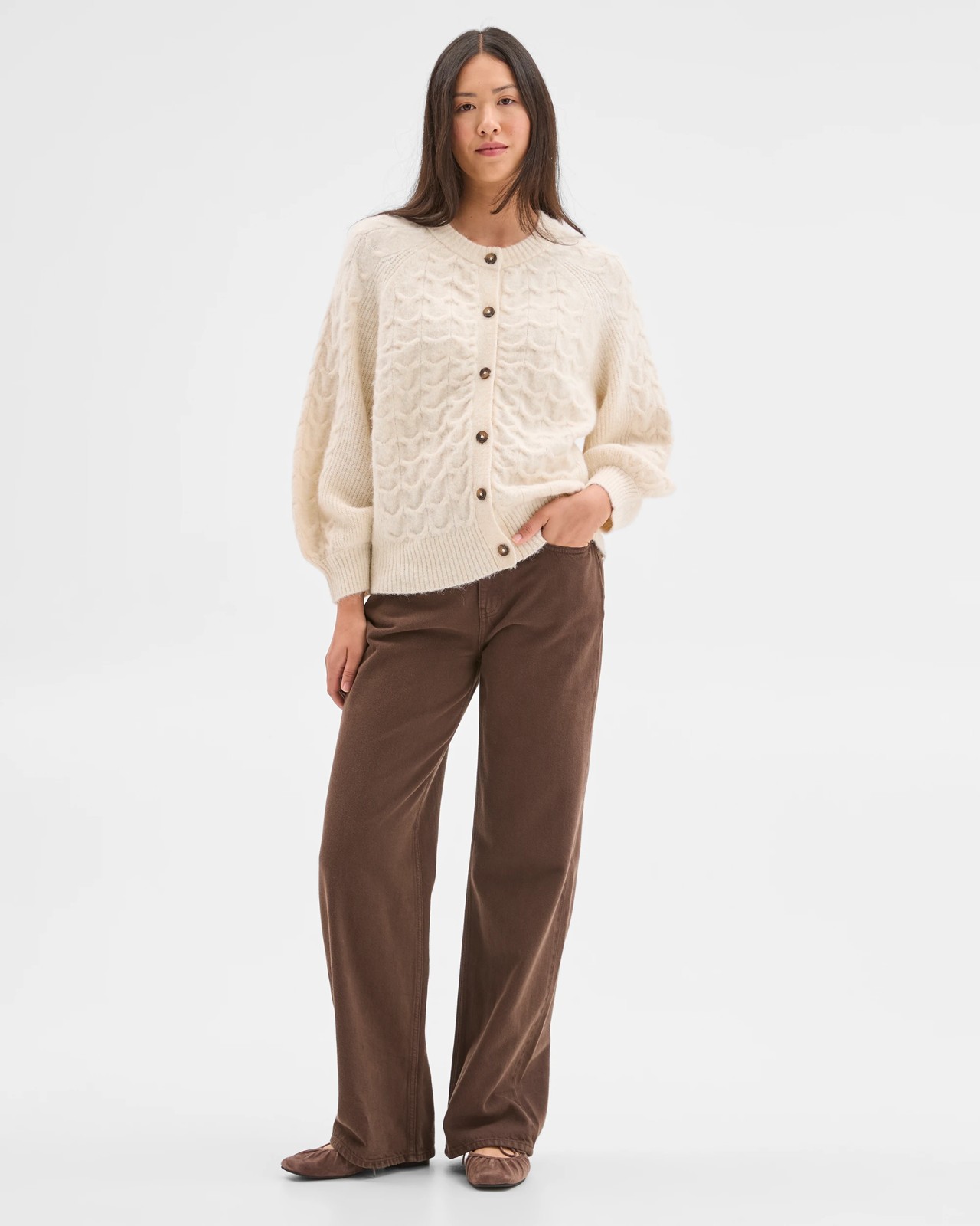 Cable Knit Bell Sleeve Cardigan - Cookies and Cream 2 of 5