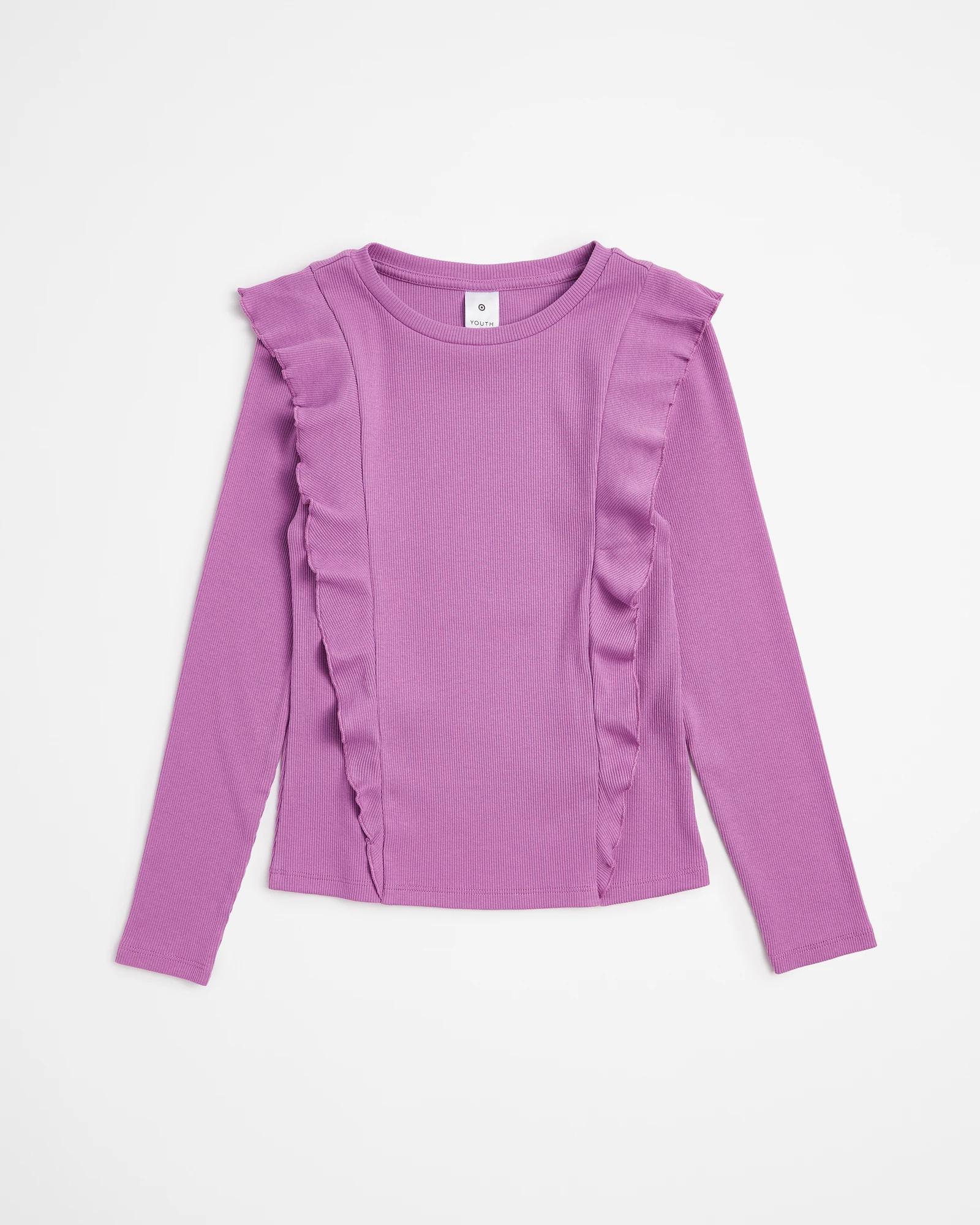 Long Sleeve Frill Rib Top - Purple