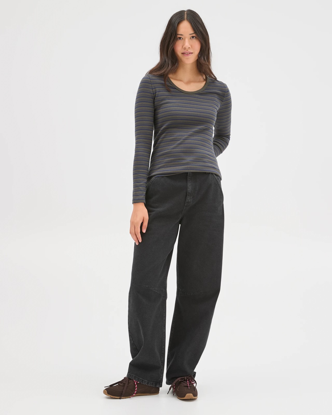 Australian Cotton Long Sleeve Scoop Neck Rib T-Shirt - Oregano/Navy Blazer Stripe 2 of 5