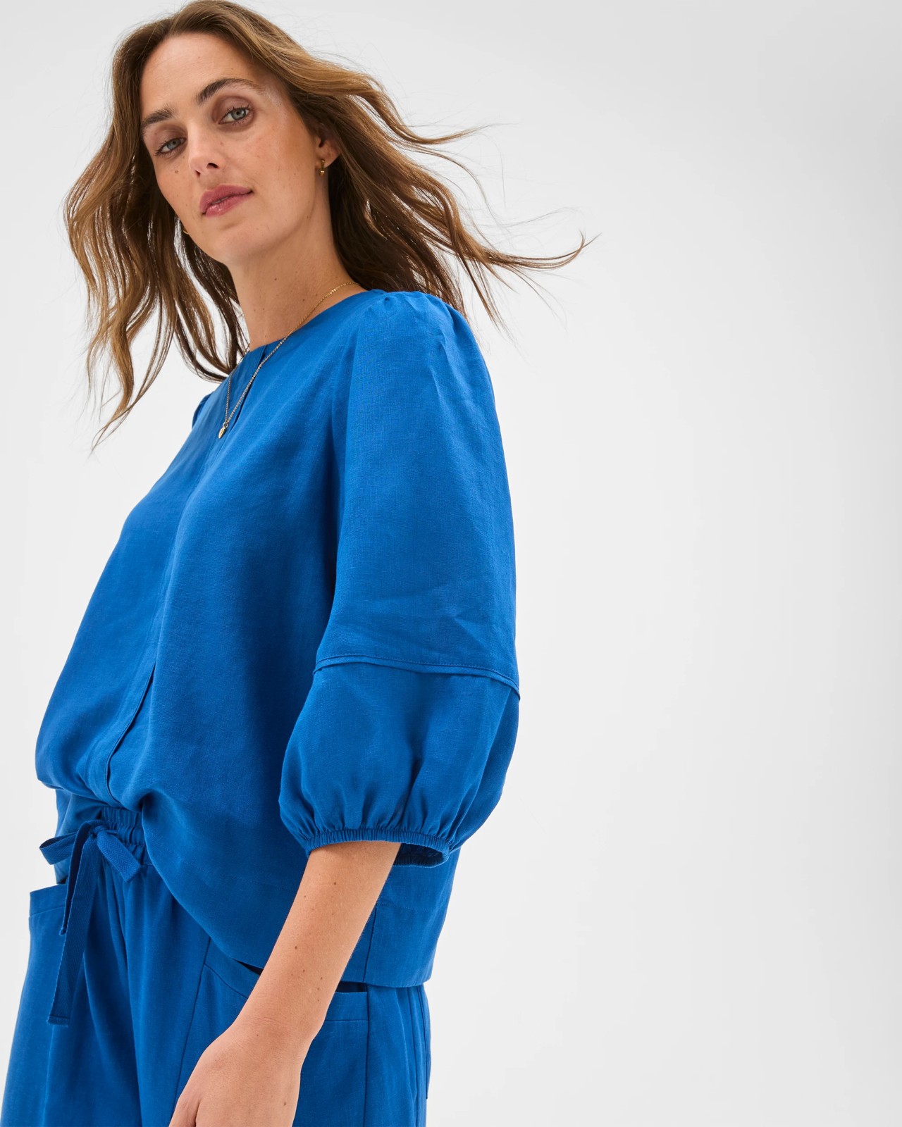 European Linen Femme Popover Blouse - Deep Ocean 3 of 6