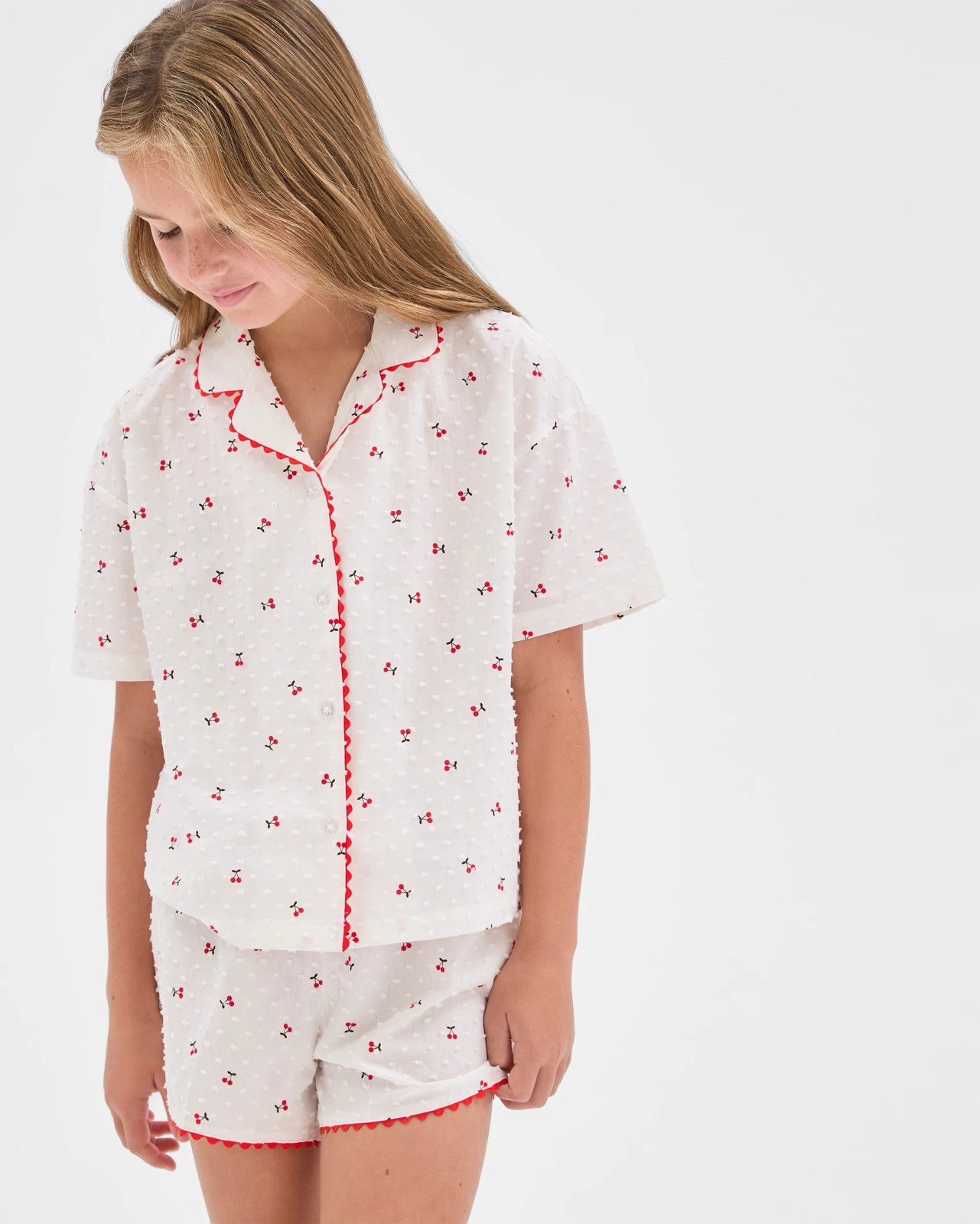 Australian Cotton Big Girls Ric Rac Pyjama Set - Cherry 2 of 5