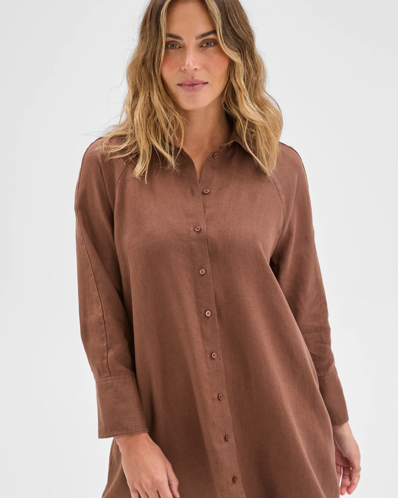 European Linen 3/4 Sleeve Midi Shirt Dress - Warm Brown 3 of 6
