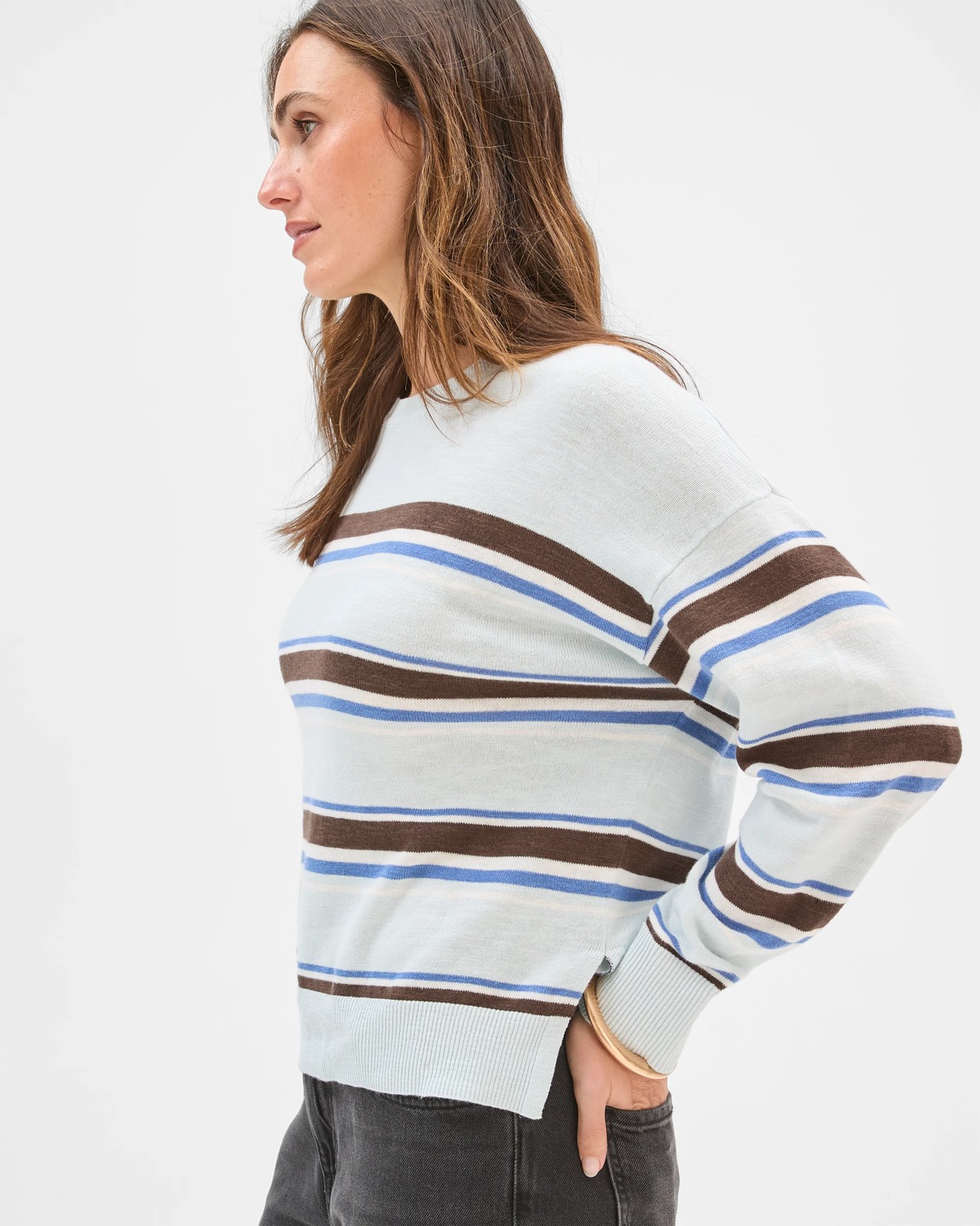 Australian Cotton Blend Long Sleeve Knit Jumper - Coffee Stripe 3 of 5