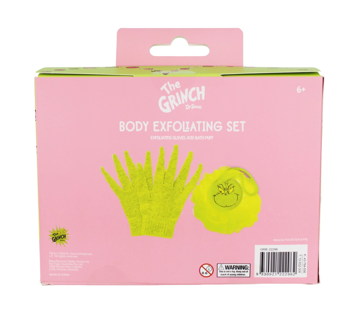 Dr Seuss The Grinch Exfoliating Gloves and Bath Puff Set 3 of 4