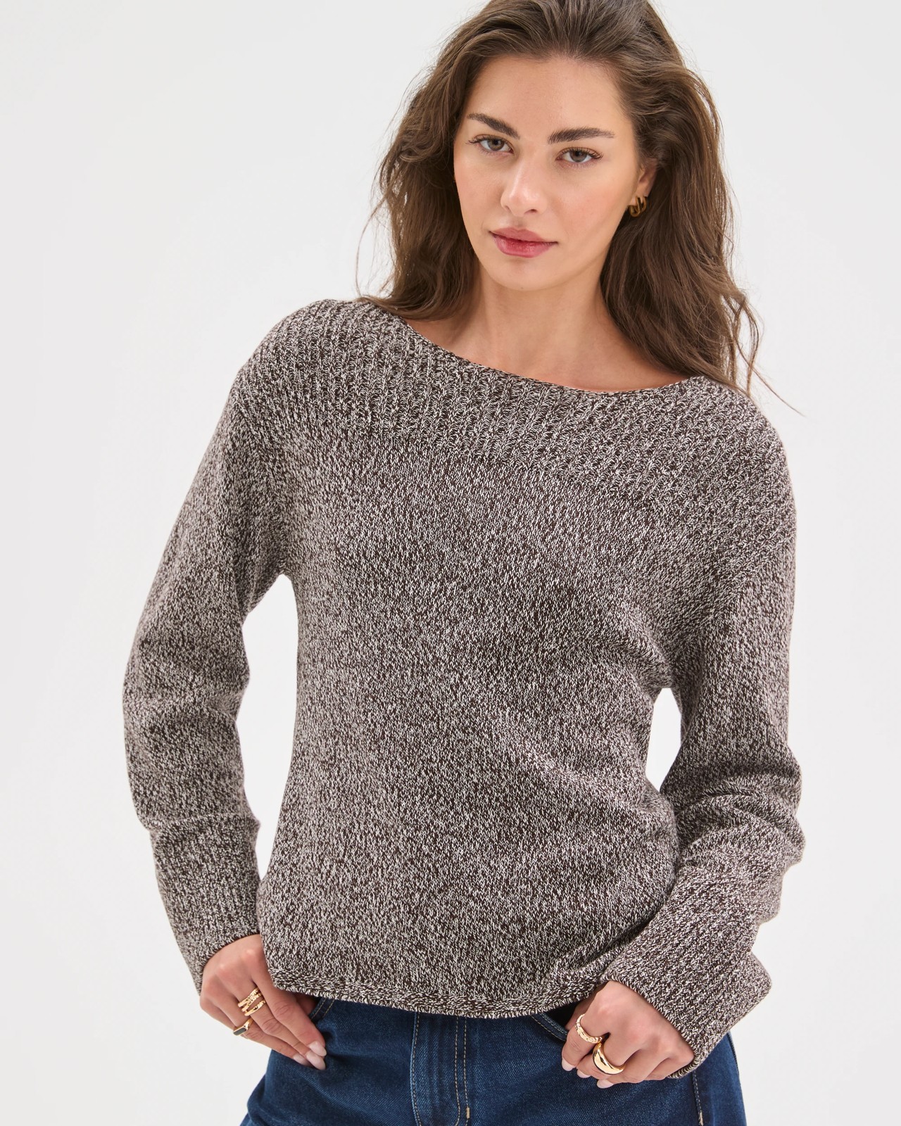 Petites Australian Cotton Blend Rib Trim Ottoman Boat Neck Jumper - Chocolate Plum Twist 5 of 5
