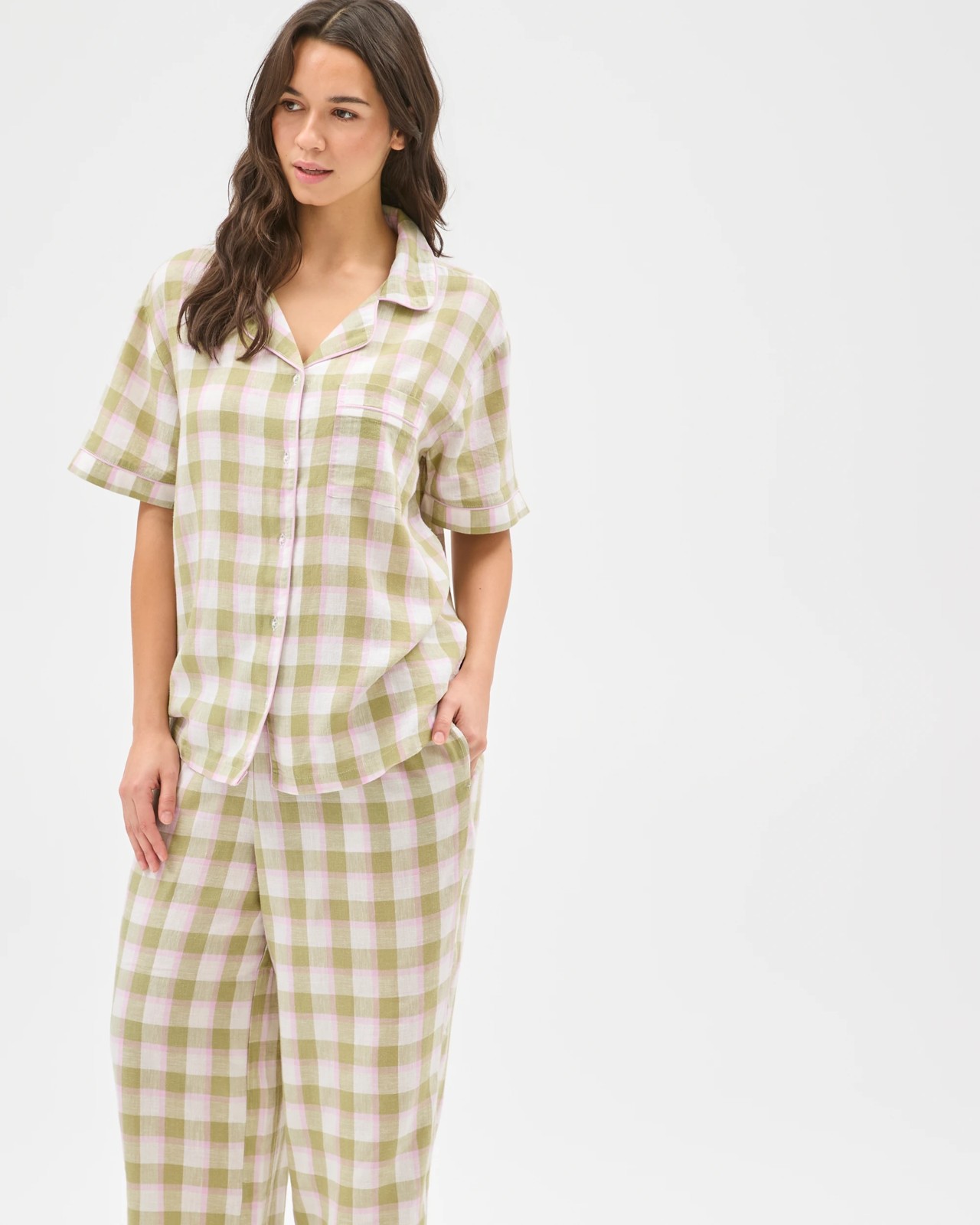 Linen Blend 7/8 Length Pyjama Set - Green Check 2 of 6