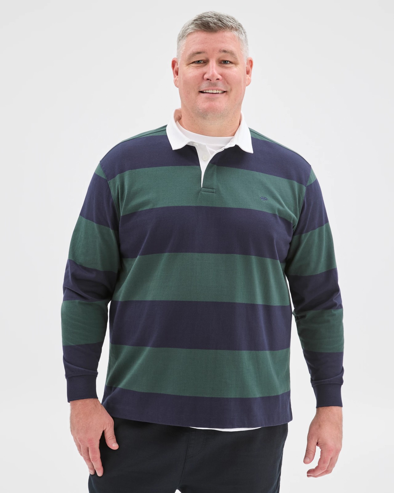 Plus Size Australian Cotton Long Sleeve Rugby Polo Top - Navy / Green 2 of 6