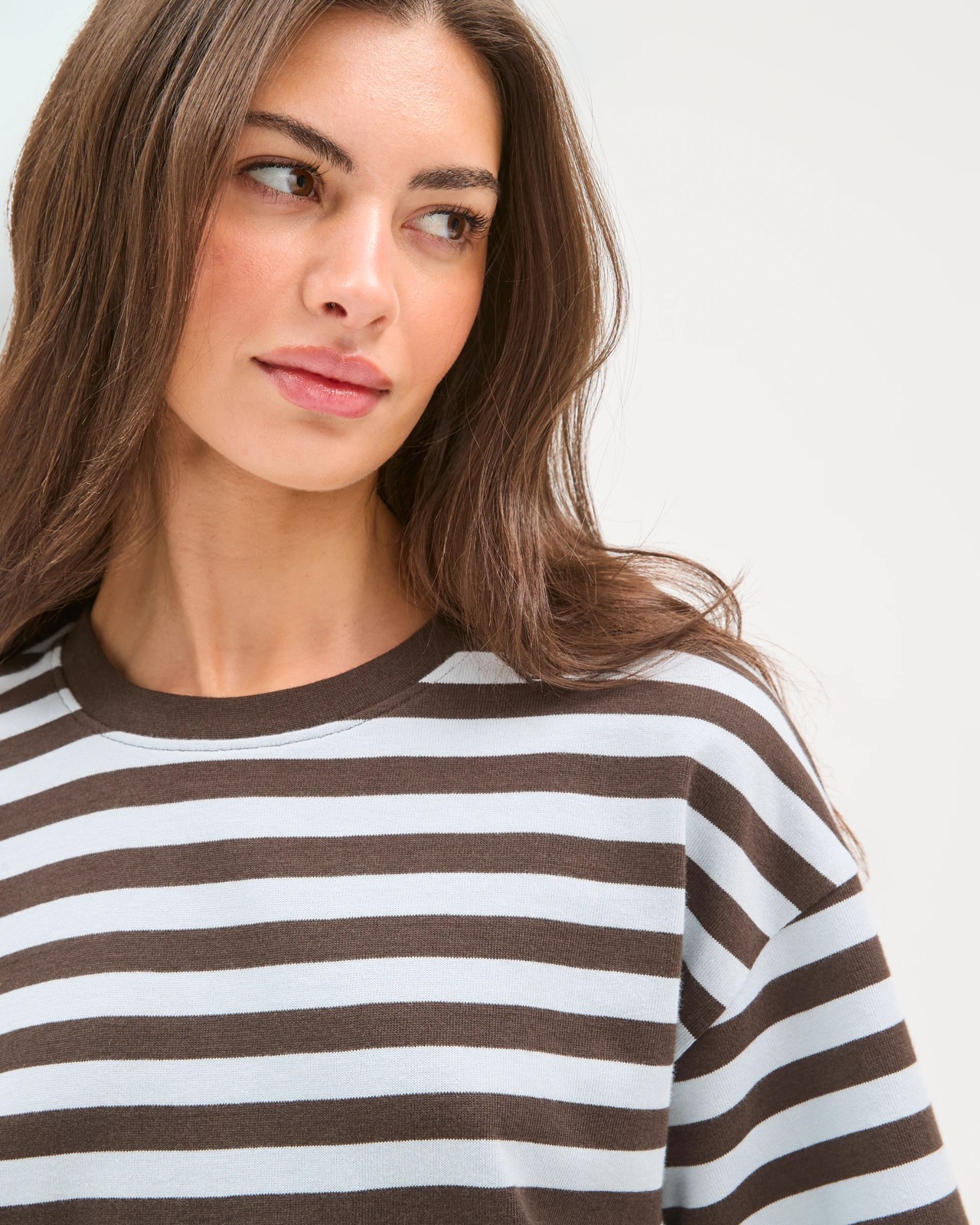 Petites Australian Cotton 3/4 Wide Sleeve Boxy T-Shirt - Black Coffee/Blue Mist Stripe 4 of 5