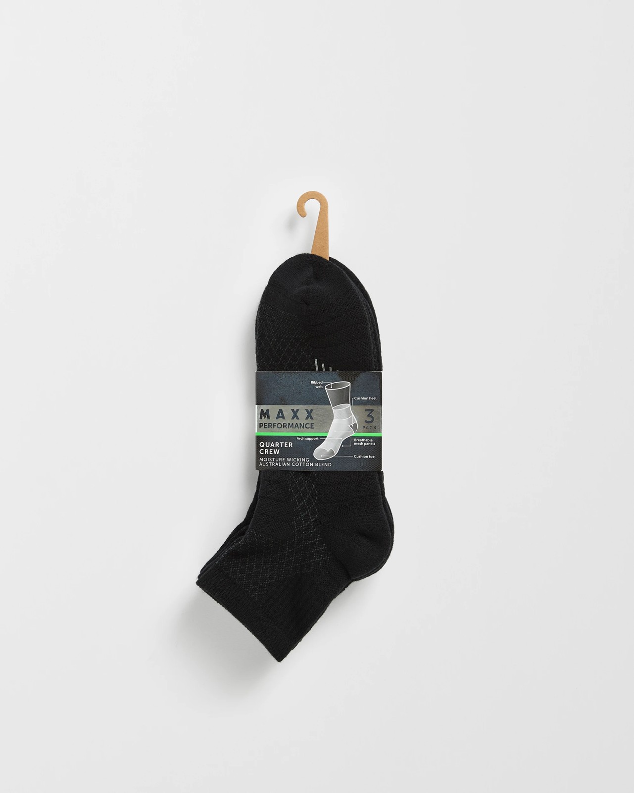 Maxx Australian Cotton Blend 3 Pack Performance Quarter Crew Socks - Black 3 of 3