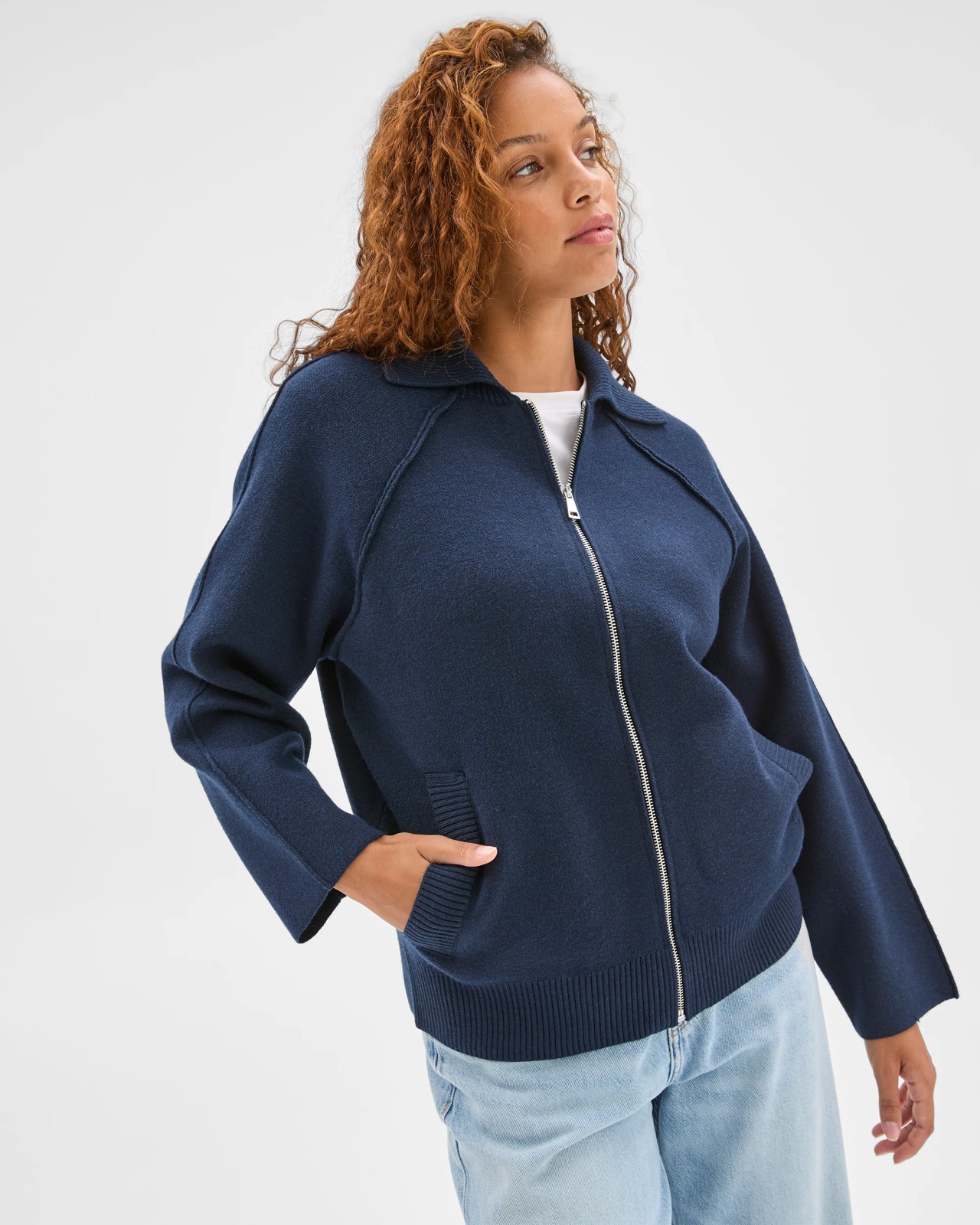 Zip Through Knit Bomber Cardigan - Navy Marle 5 of 5