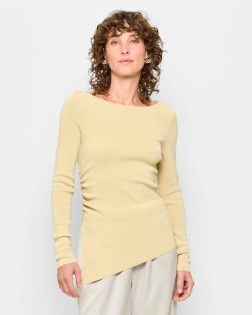 Long Sleeve Asymmetric Hem Crepe Knit Top - Preview