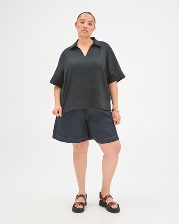 Plus Size European Linen Short Sleeve Popover Top