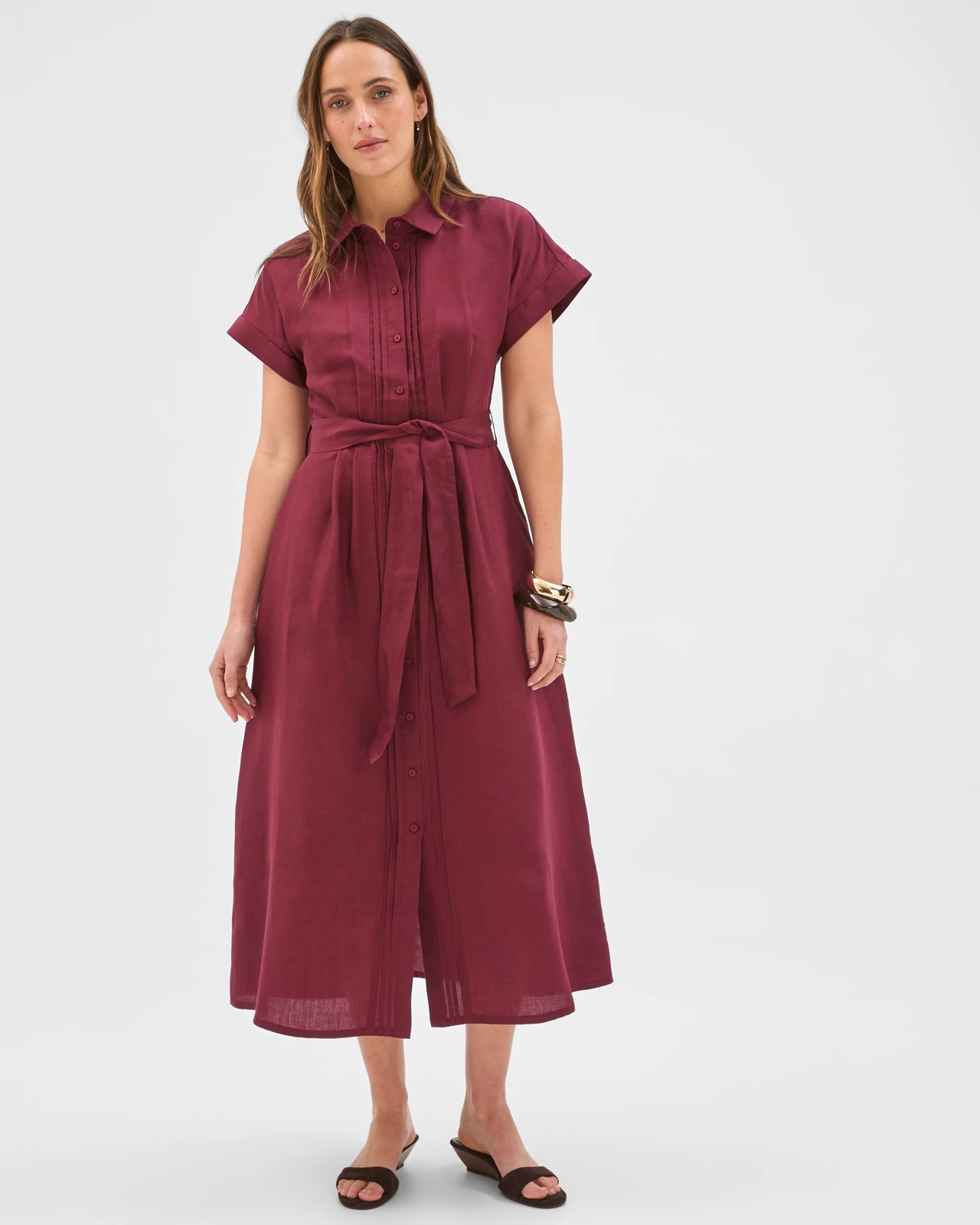 Preview Short Sleeve Pintuck Midi Shirt Dress - Sangria 2 of 5