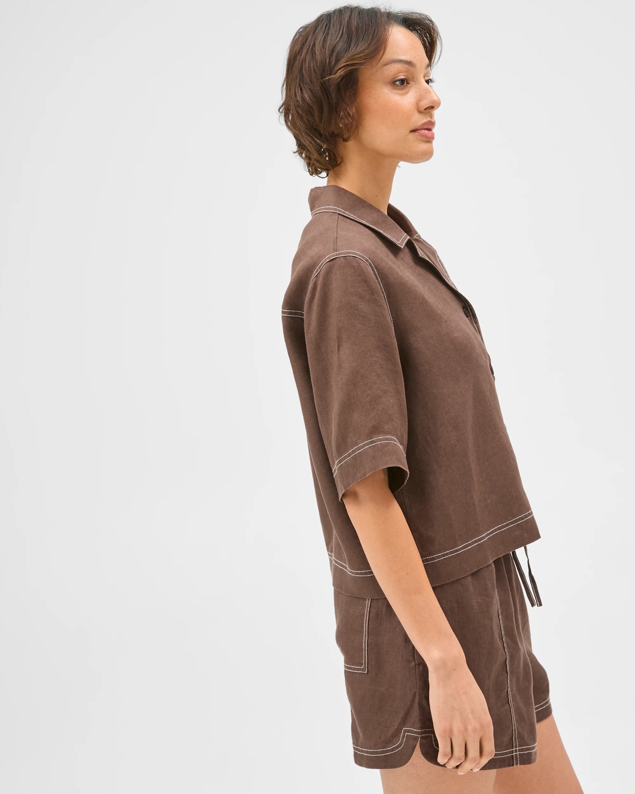 European Linen Short Sleeve Stitch Detail Shirt - Coffee Bean 4 of 5