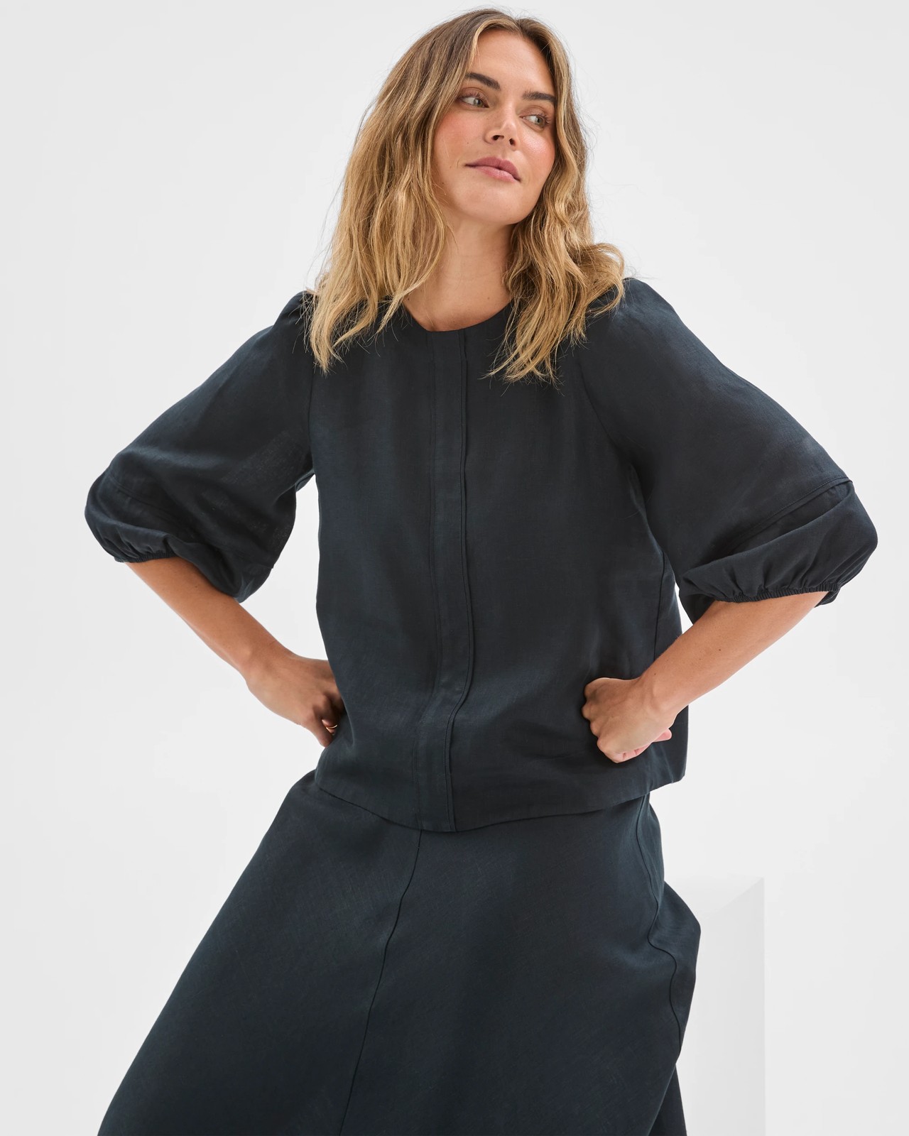 European Linen Femme Popover Blouse - Black 2 of 6