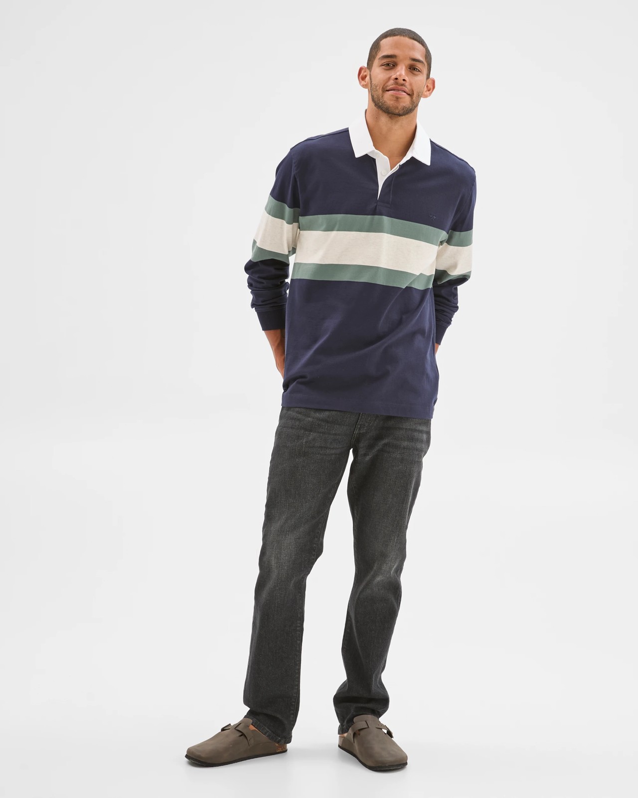 Australian Cotton Blend Long Sleeve Rugby Polo Top - Navy 2 of 5