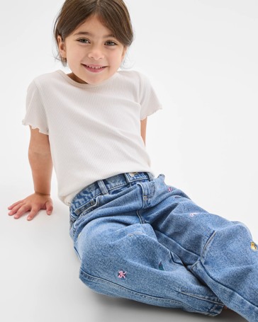 Embroidered Barrel Leg Denim Jeans