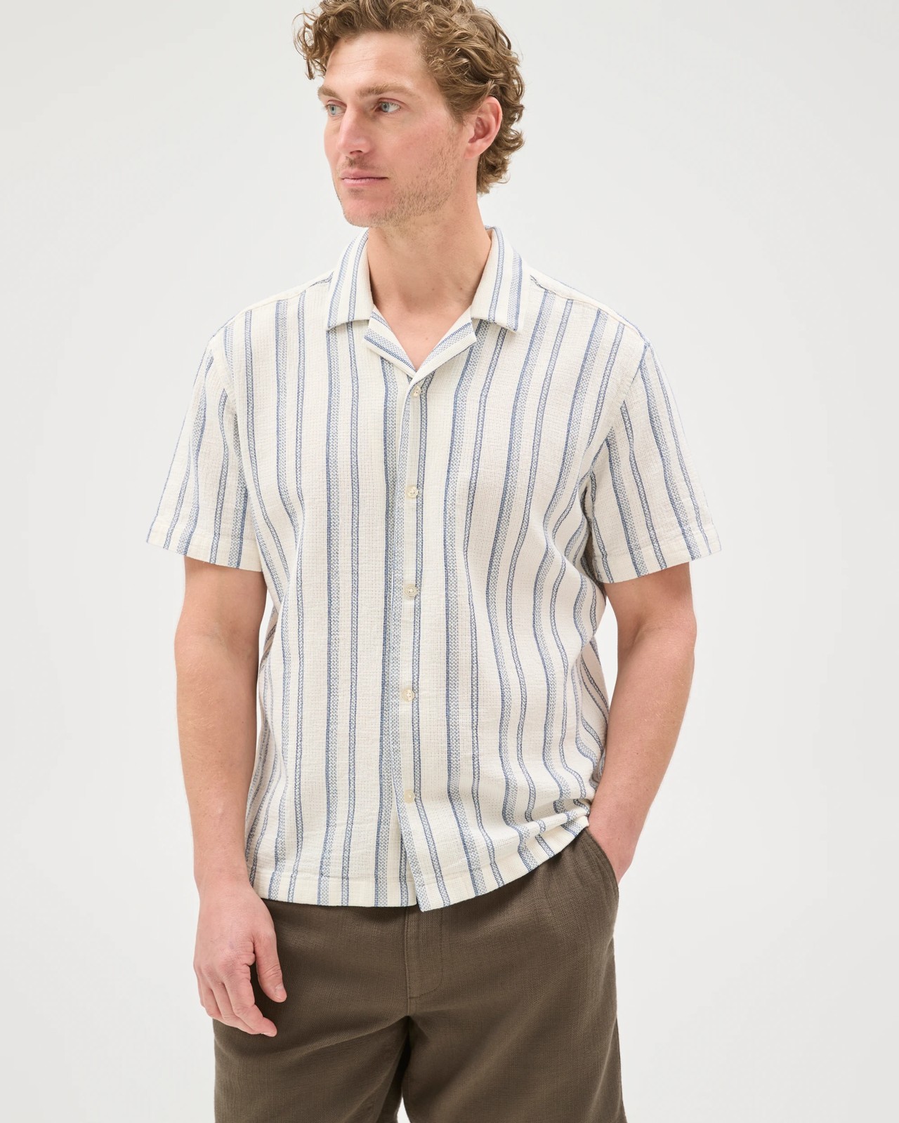 Australian Cotton Short Sleeve Textured Stripe Shirt - Cobalt Blue 3 of 5
