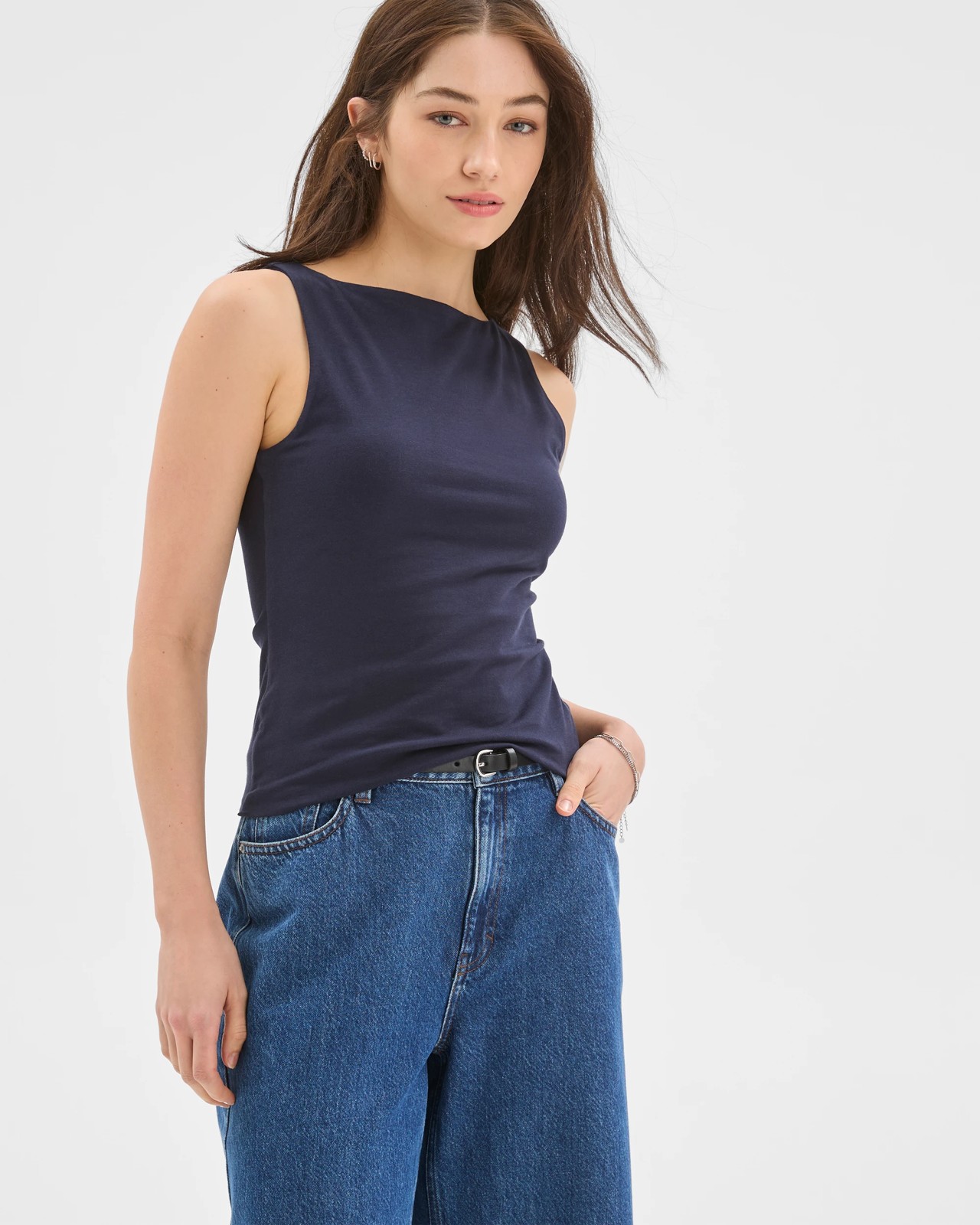 Lily Loves Australian Cotton Double Layer Boat Neck Tank Top - Deep Navy 4 of 6